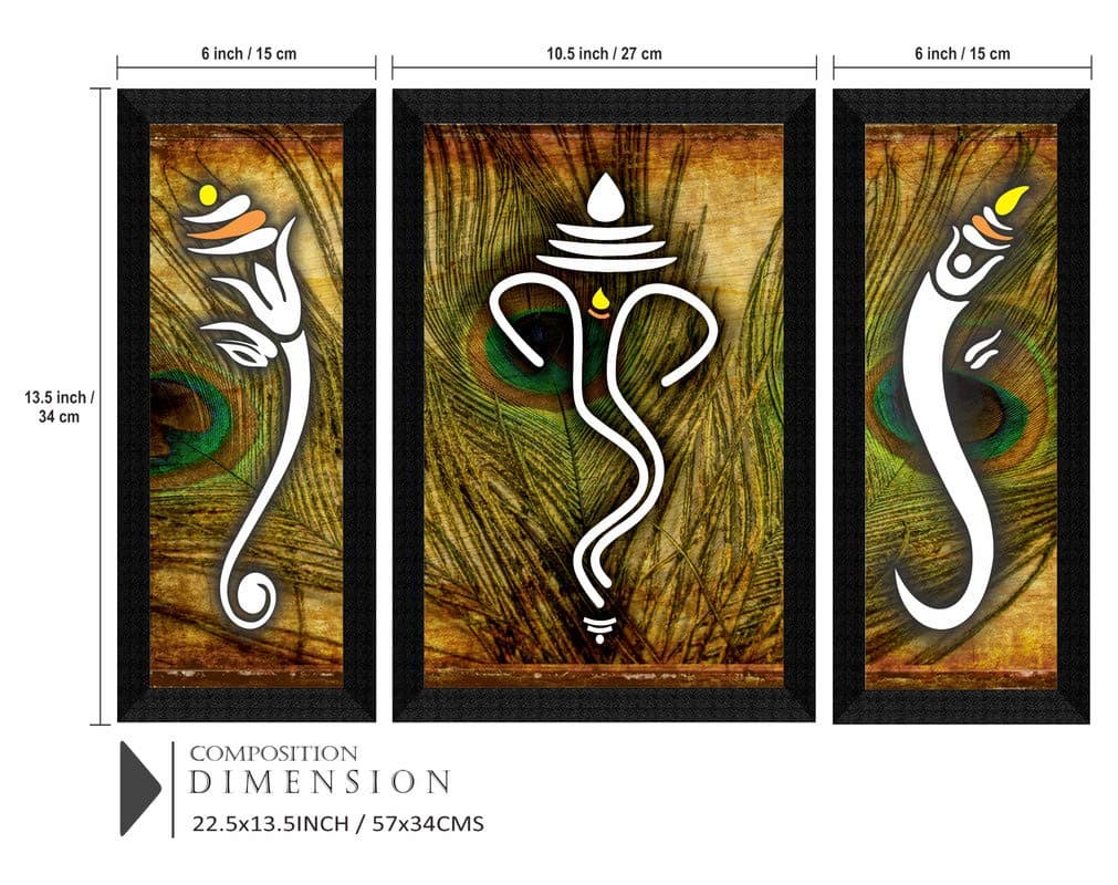 SAF Set of 3 Ganesha UV Textured Synthetic Frame Painting 13. 5 Inch X 22 Inch SA1012