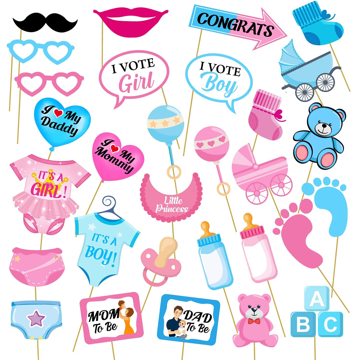 Zyozique 30 Pcs Baby Photo Booth Props Party Kids Shower Birthday Party/DIY Baby Shower Photo Booth Props Funny Creative Birthday Decor for Celebrating Birthdayy