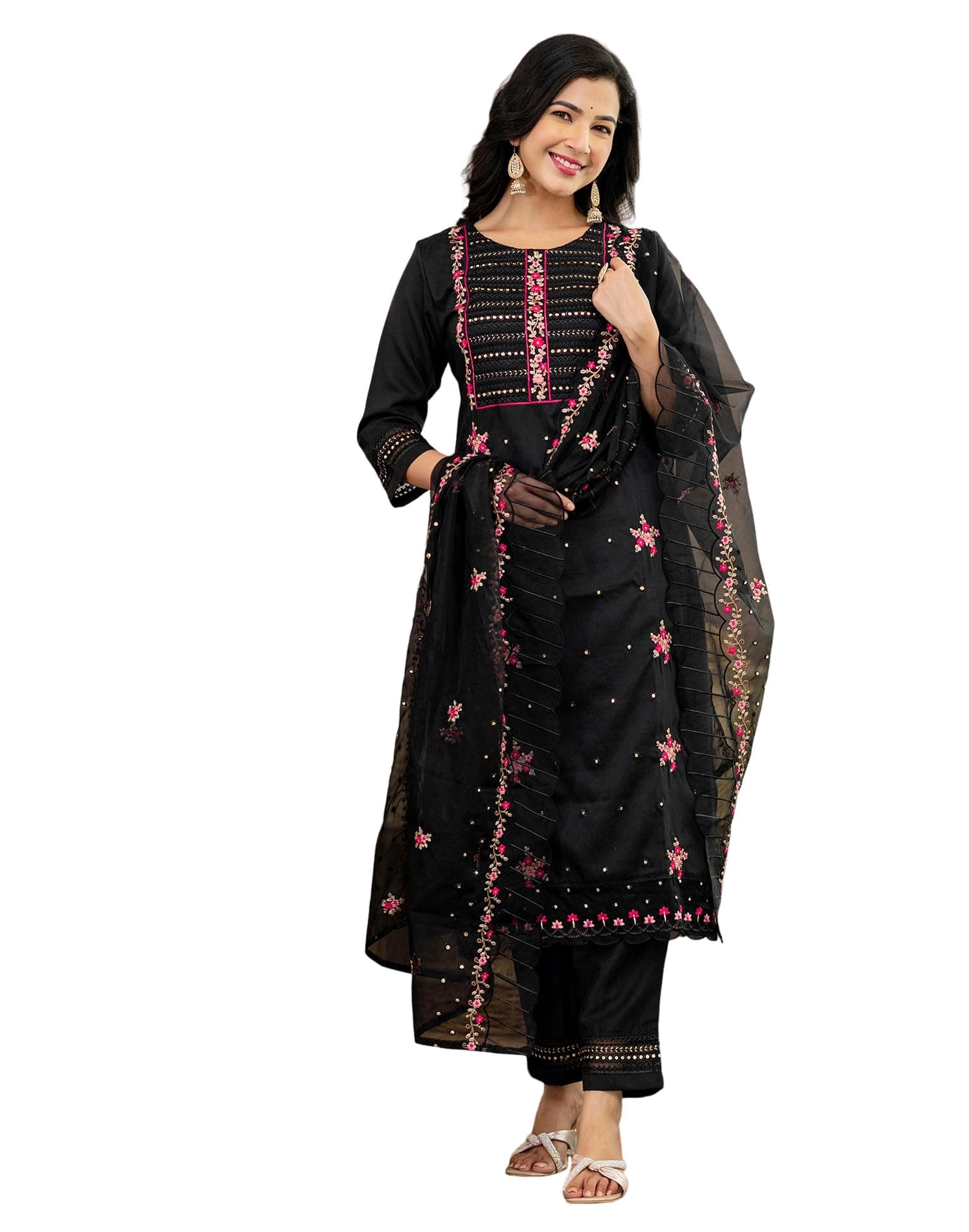 SKYLEE Cotton Embroidery and Sequin Work Anarkali Kurta Set with Dupatta