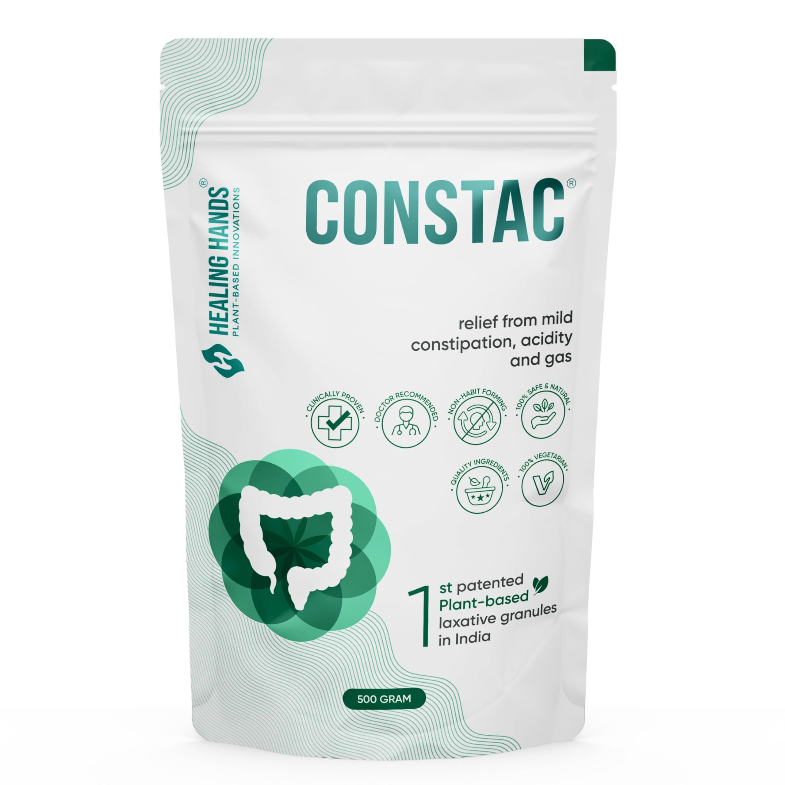 Healing Hands Constac for Relief in Mild Constipation, Acidity and Gas, Plant Based Natural Constipation Solution, Clinically Proven, Herbal – 500gm (Granules)