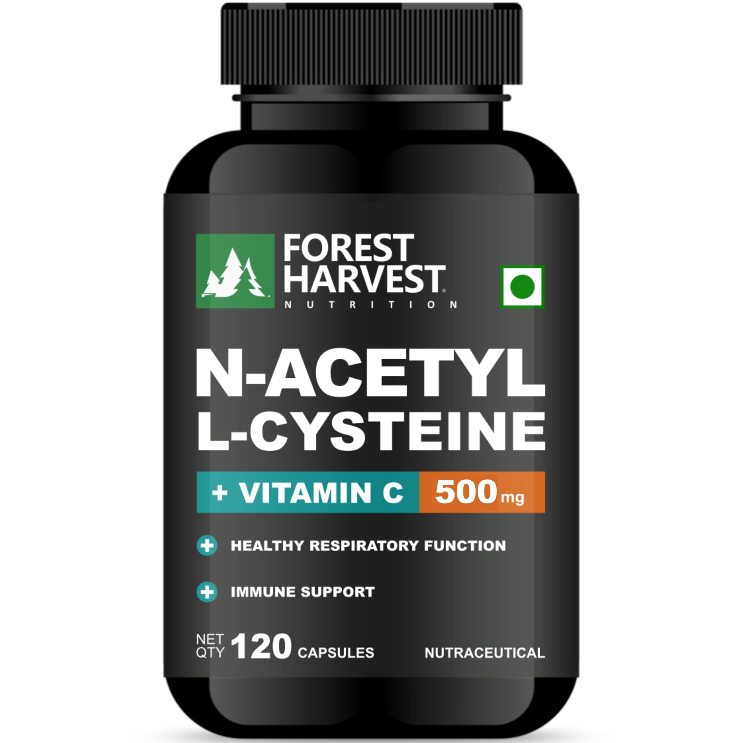 Forest Harvest N-Acetyl L-Cysteine (NAC) 500 mg + Vitamin C | 120 Veg Capsules | Lung Health, Immunity, Detox & Antioxidant Support | Glutathione Support | GMP, ISO & HACCP Certified