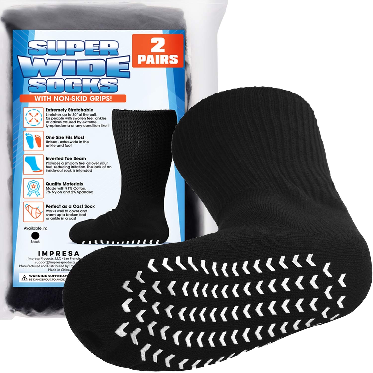 2 Pairs of Super Wide Socks with Non-Skid Grips for Lymphedema - Bariatric Sock - Oversized Anti-Slip Sock Stretches up to 30'' Over Calf for Swollen Feet and Mens and Womens Legs - One Size Unisex