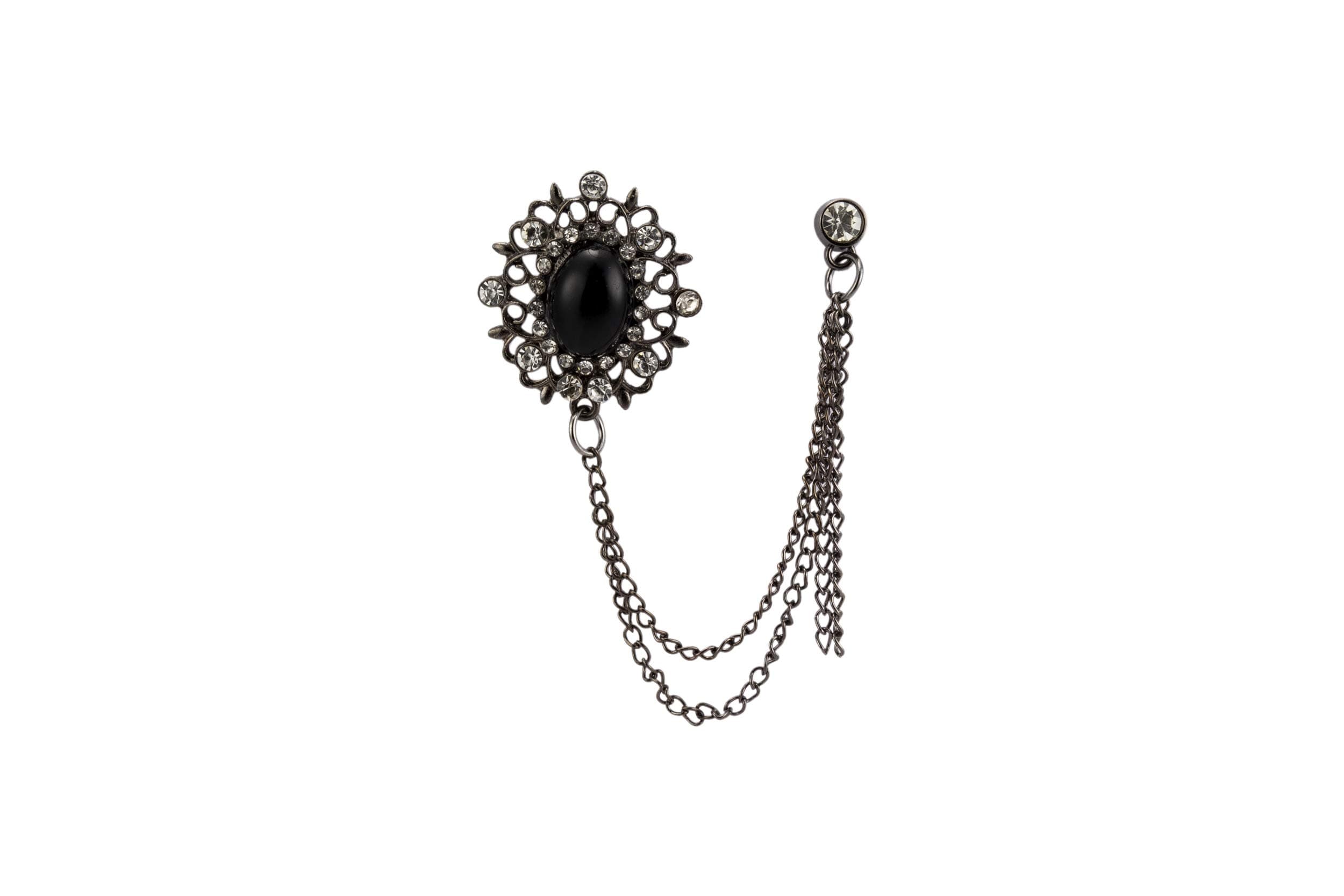 Knighthood Gun Metal Abstract and Black Stone with Stone Detailing Hanging Chain Brooch
