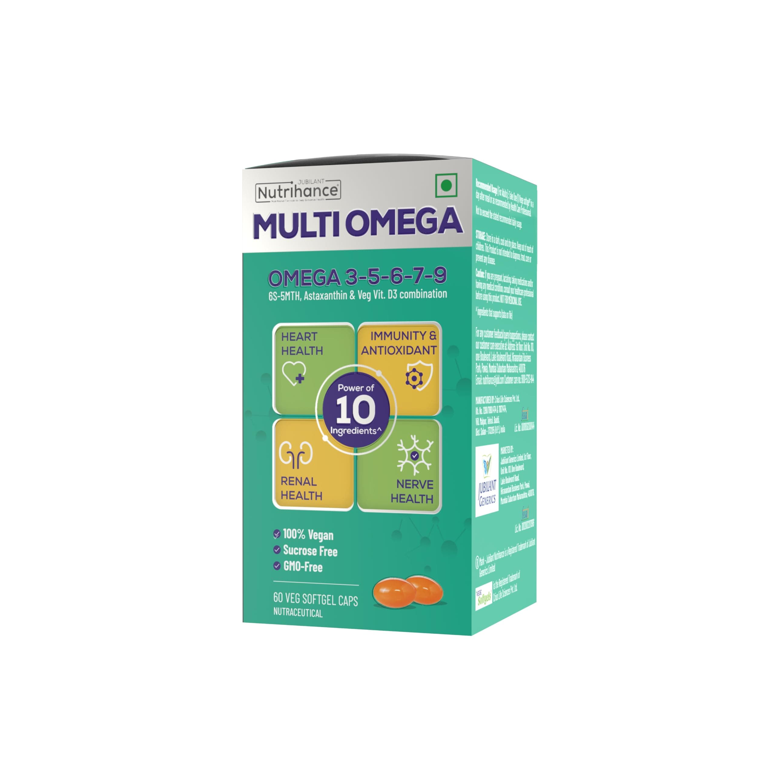 JUBILANT Nutrihance Multiomega 100% Vegan Omega Softgel | Omega 3-5-6-7-9 Vitamin D3 (3 X 60 Capsules)