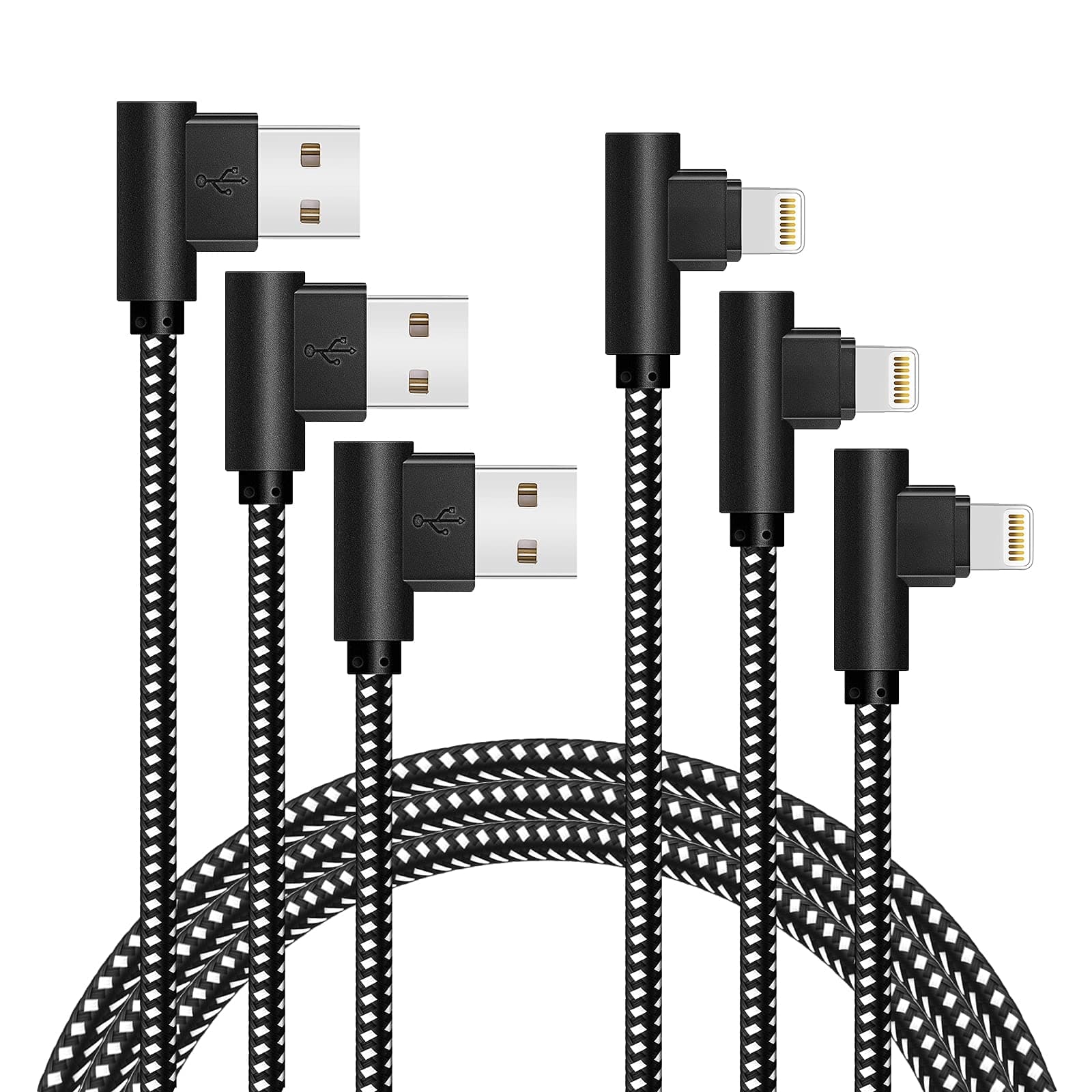 [3-Pack] Right Angle iPhone Phone Charging Cable Nylon Braided 90 Degree Elbow Design Compatible with iPhone Xs Max/XS/XR/X, 8 7 6s 6 Plus, SE, 5s, 5c, 5, iPad Mini/Air/Pro (Black White, 10ft)