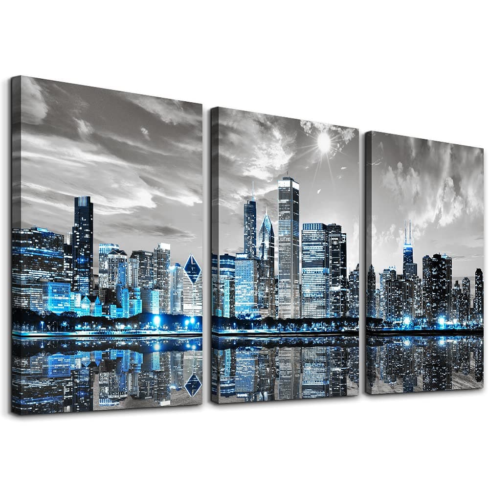 3 Piece Canvas Wall Art for Living Room Modern City Picture Wall Decor for Bedroom Office Dining Room Bathroom Kitchen Wood Framed Night Scene Prints Paintings for Home Decorations