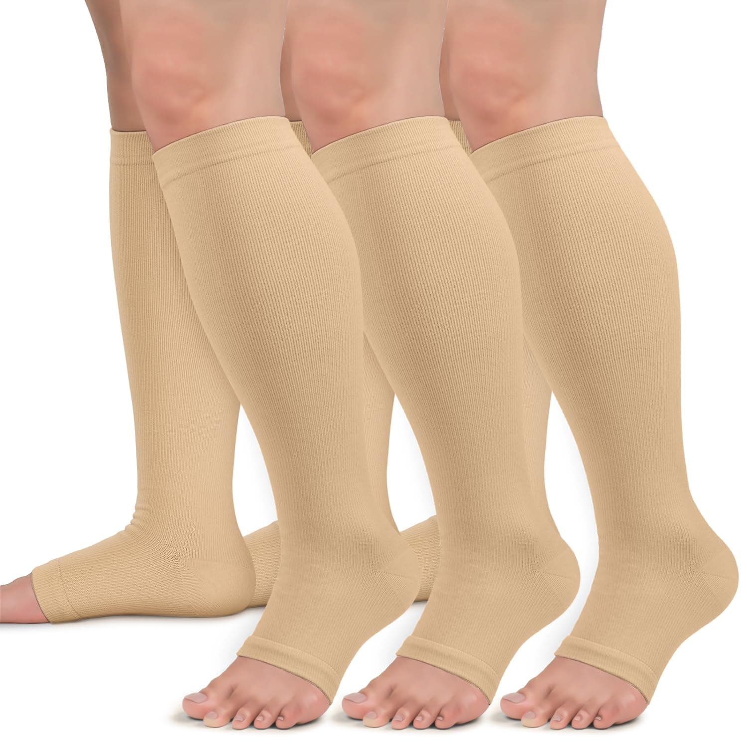 Compression Socks, Open-Toe 20-30mmHg Graduated Compression Stockings for Men Women - Best for Athletic, Running, Flight, Travel, Nurses,Edema (02 Nude - 3 Pairs, L/XL)