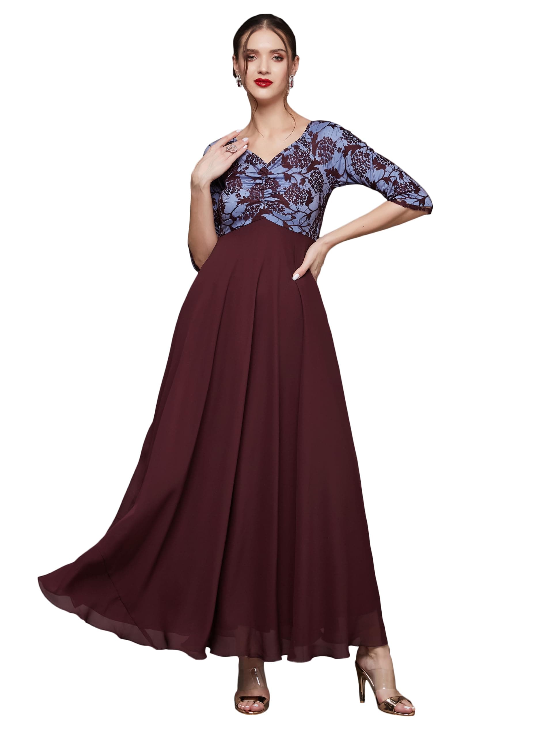 Miss Chase Women's Sweet Heart Neck 3/4 Sleeve Self Design Maxi Dress (MCSS25D93-28-184-03, Wine, S)