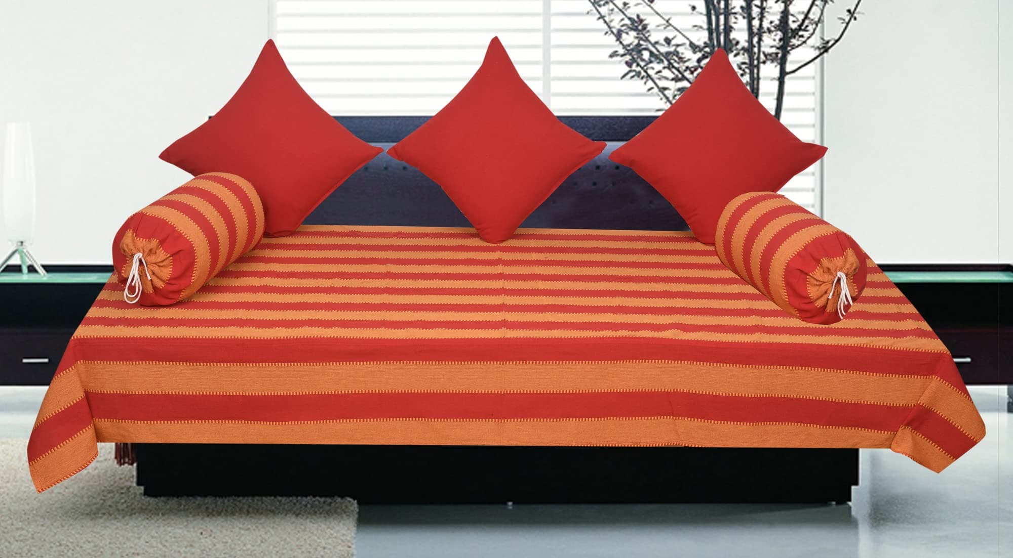 NewLadiesZone Cotton Diwan Set Single Bed Sheet, 2 Bolster Covers, 3 Cushion Covers (Red, Bed Sheet: 60x90 Inches, Cushion Cover: 40x40 cm, Bolster Covers: 14x32 Inches) - Set of 6 Pieces