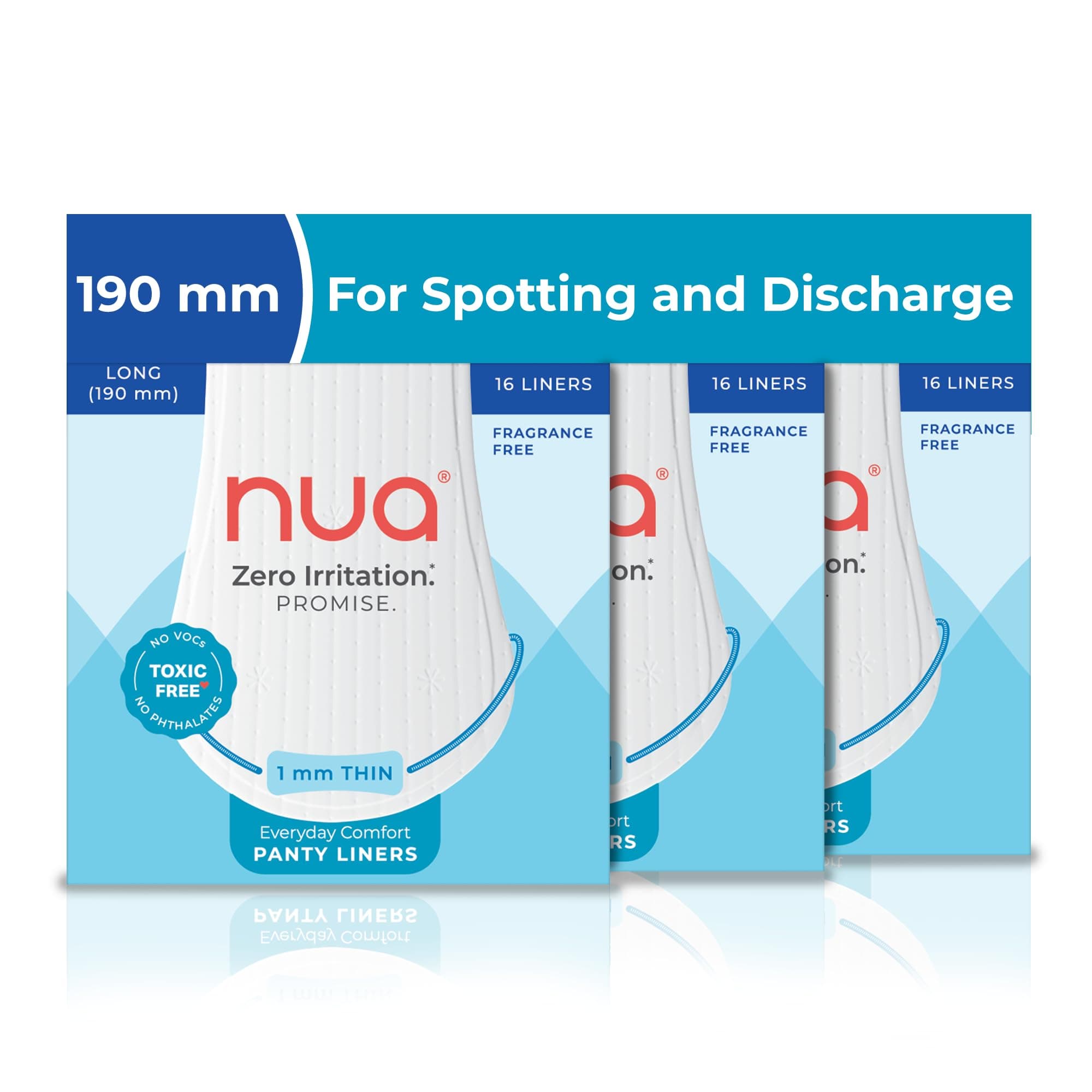 Nua Everyday Comfort Panty Liner for Women Daily Use | Pack of 48 liners - 190mm | For White Discharge, Spotting & Non Period Leakages | Individually Wrapped | Zero Irritation | Super-thin | Stays in Place | Instant Absorption | Softest Top sheet | 100% Toxic-Free | Panty Liner Pads Sanitary Napkins