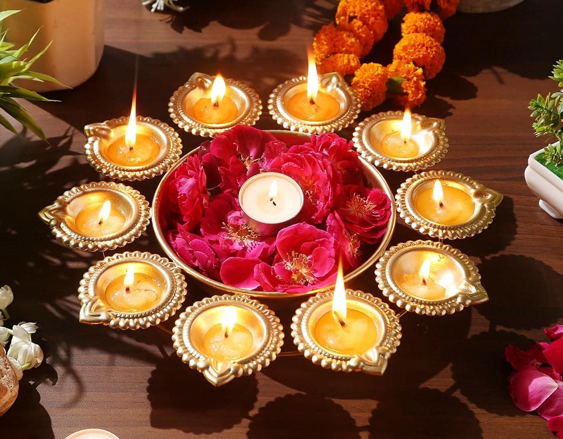 R Ayurveda Copper Decorative Metal Diya Traditional Diya Urli Tealight Holder Golden Bowl for Floating Flowers and Tea Light Candles Home,Office and Table Decor Special