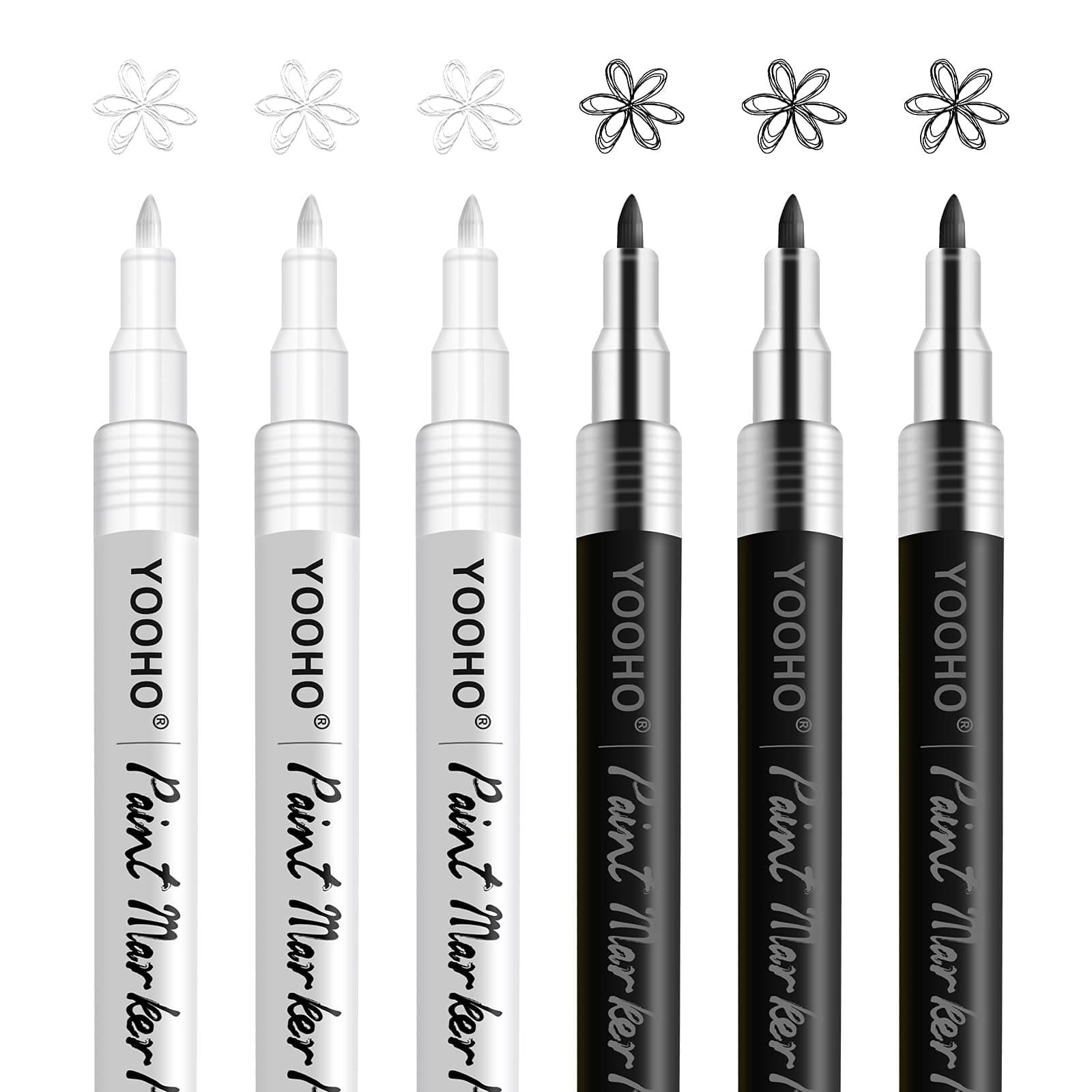 Paint Pen White Black Acrylic Marker Set for Rock Wooden Tire Metal Leather Glass Painting, 0.7mm Fine Point Quick Drying (3pcs Black +3pcs White)