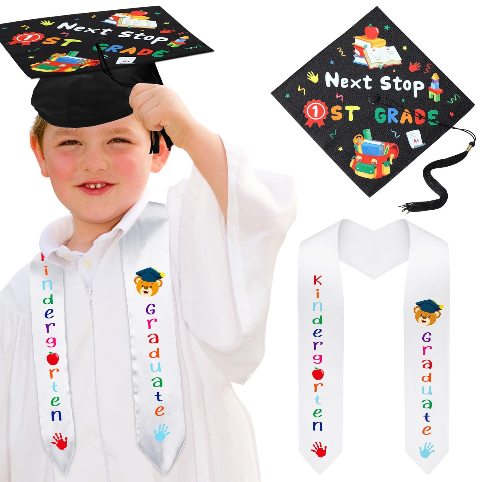 Jetec 2024 Kindergarten Graduation Cap and Printed Graduation Stole Sash Preschool Kindergarten Graduation Gifts for Kids(White Sash, Stylish Style), White Sash, Stylish Style