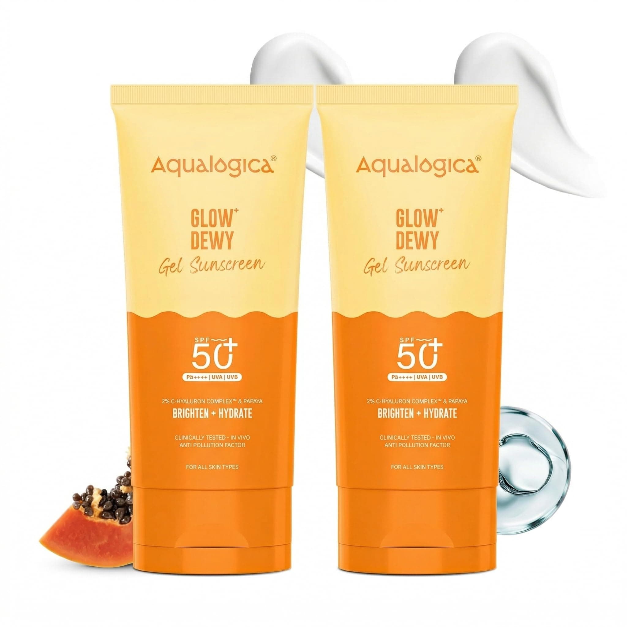 Aqualogica Glow+ Dewy Gel Sunscreen - 80 g x 2 | SPF 50+ PA++++ | In-Vivo Tested | New-age Filters | 12-Hour* Sun Protection | Tan Protection | For Bright & Hydrated Skin | Fragrance-Free & No White Cast | C-Hyaluron Complex™ & Papaya | Broad Spectrum UVA/B & Blue Light Protection | Lightweight | For Men & Women