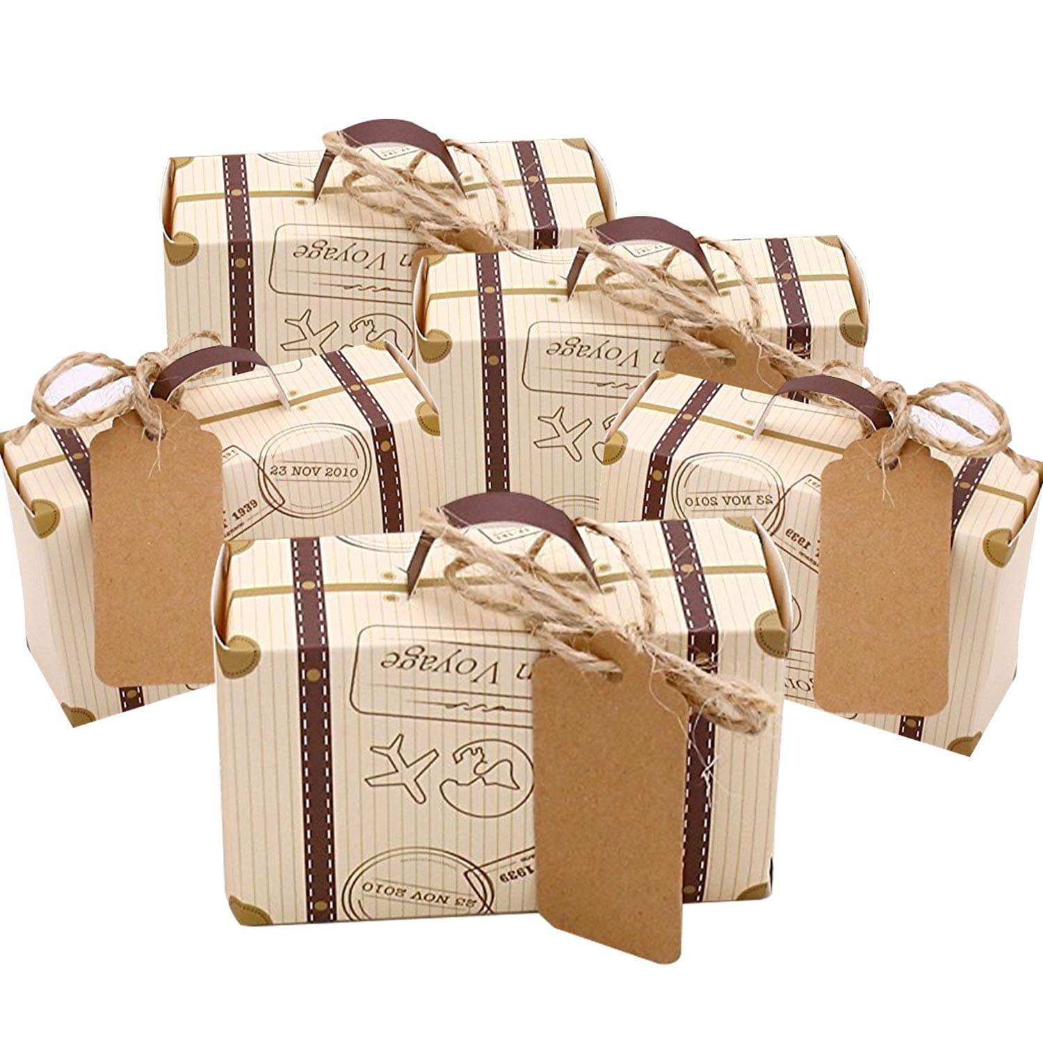 Faylapa Suitcase Candy Boxes, Party Favor Candy Box, Vintage Kraft Paper Gift Bag For Travel Theme Party,Wedding,Birthday,Bridal Shower (Travel Themed 50Pcs),Brown