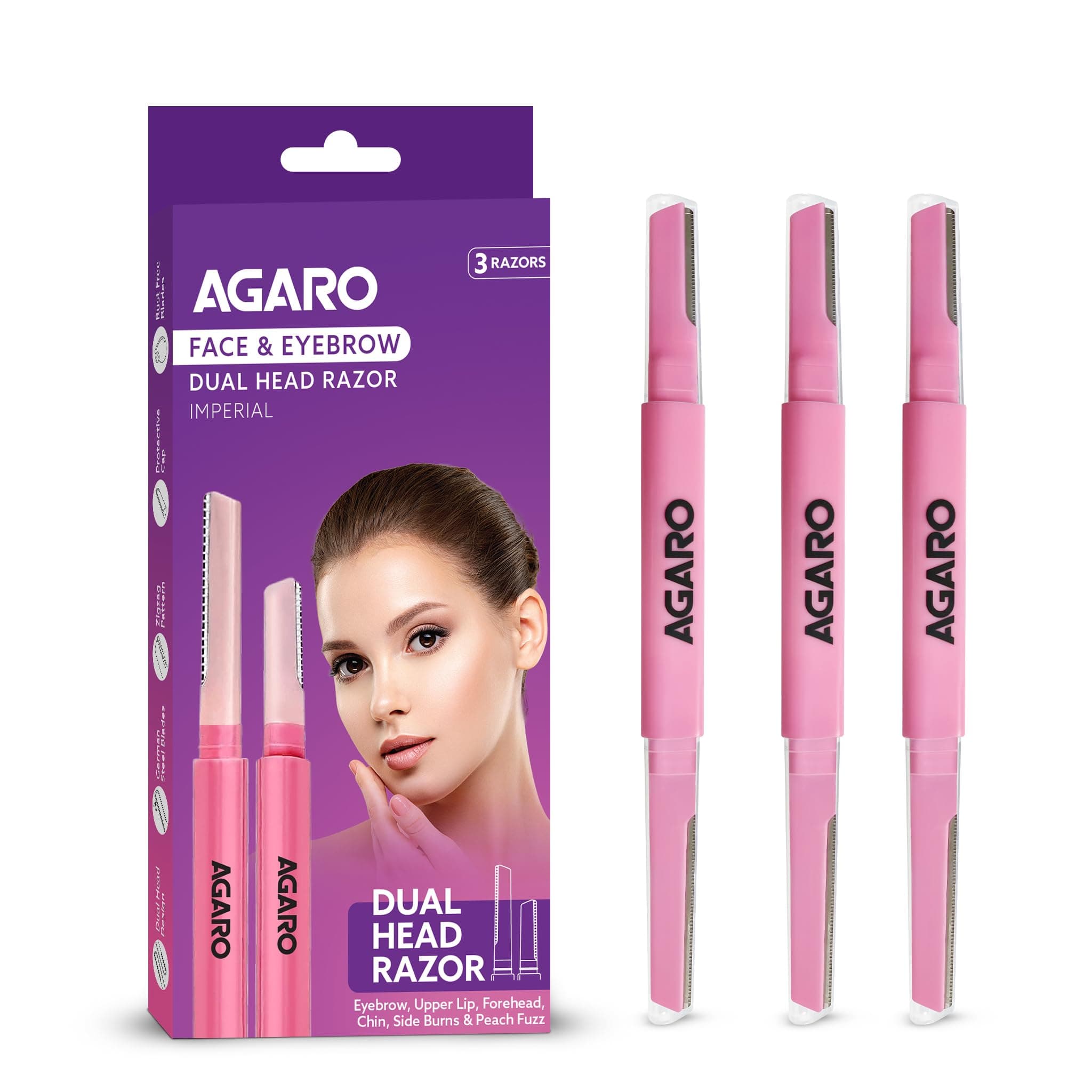 AGARO Imperial Face & Eyebrow Razor for Women (Pack of 3) | Dual Blade Head with German Blades | Easy Facial Hair Shaping & Shaving | Reusable up to 5 Times | Rust-Free Durable Blades