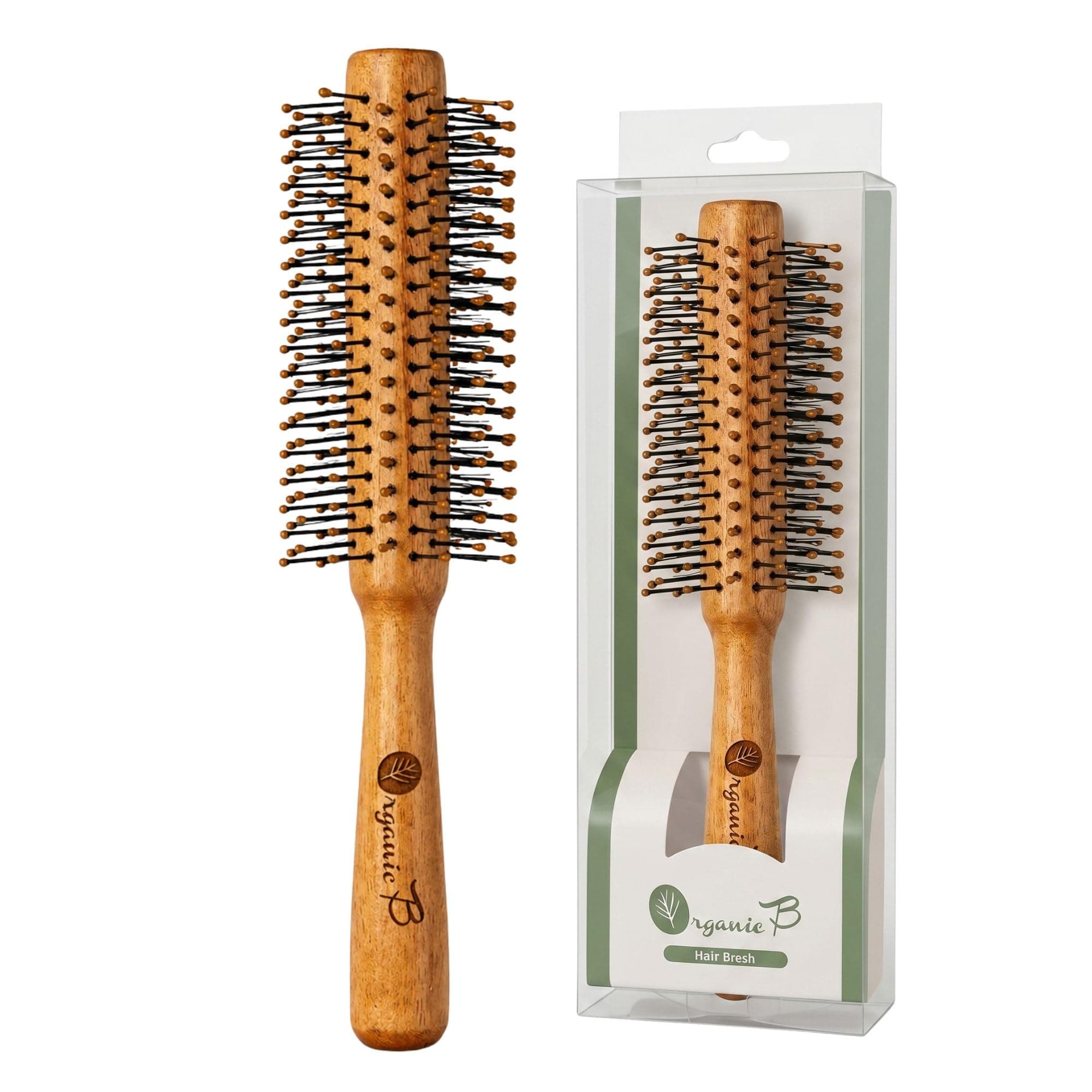 Organic B Wooden Round Hair Comb for Men and Women | Comb Brush for Adding Curls, Volume, Waves | Hair Roller Brush for Quick Blowout, Straightening, Curling, Drying, Scalp Massage Droplet Bristles