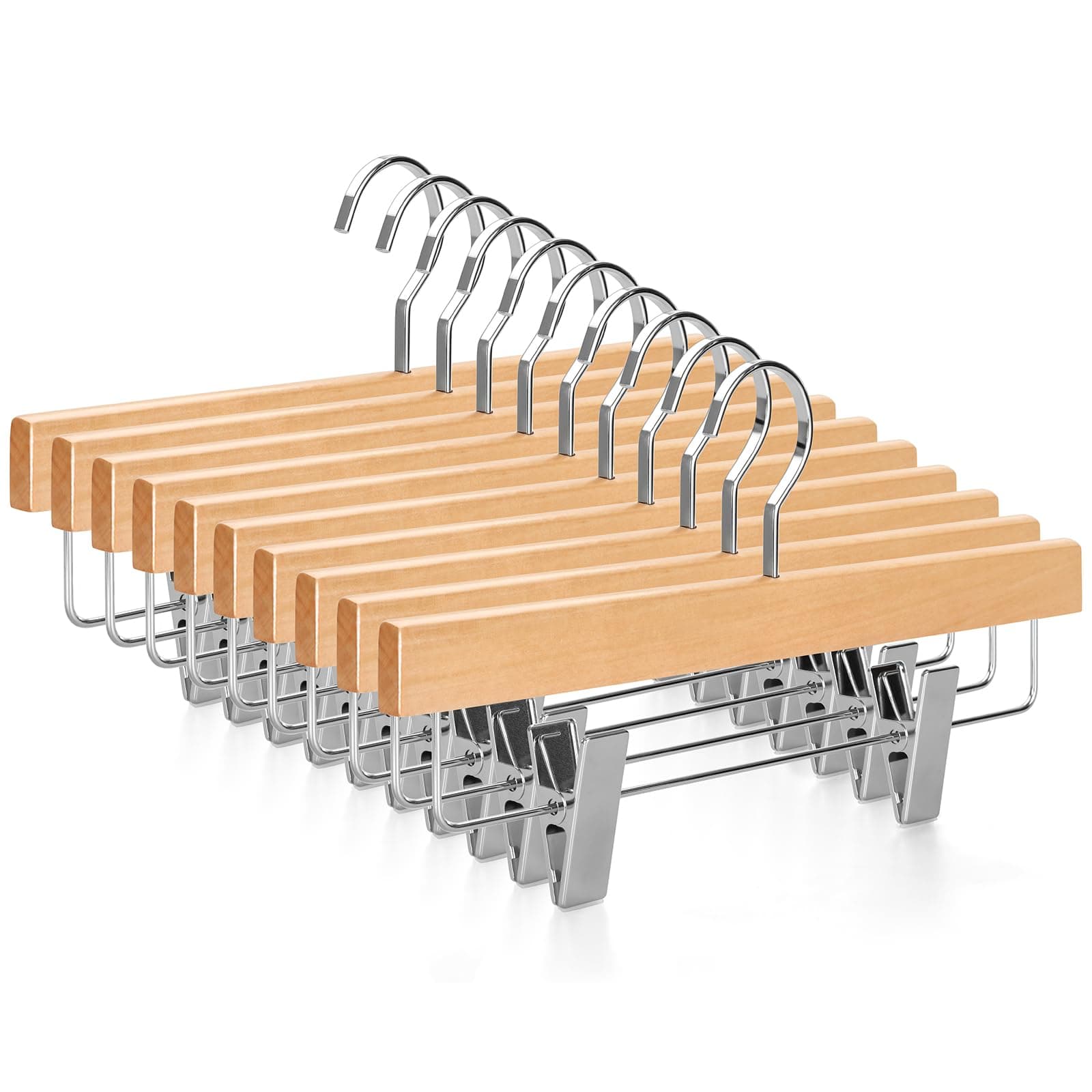 TOPIA HANGER 20-Pack Natural Wood Pant Hangers, Luxury Wooden Skirt Hangers, Glossy Finish with Extra Thick Chrome Hooks & Anti-Wrinkle Clips CT03N
