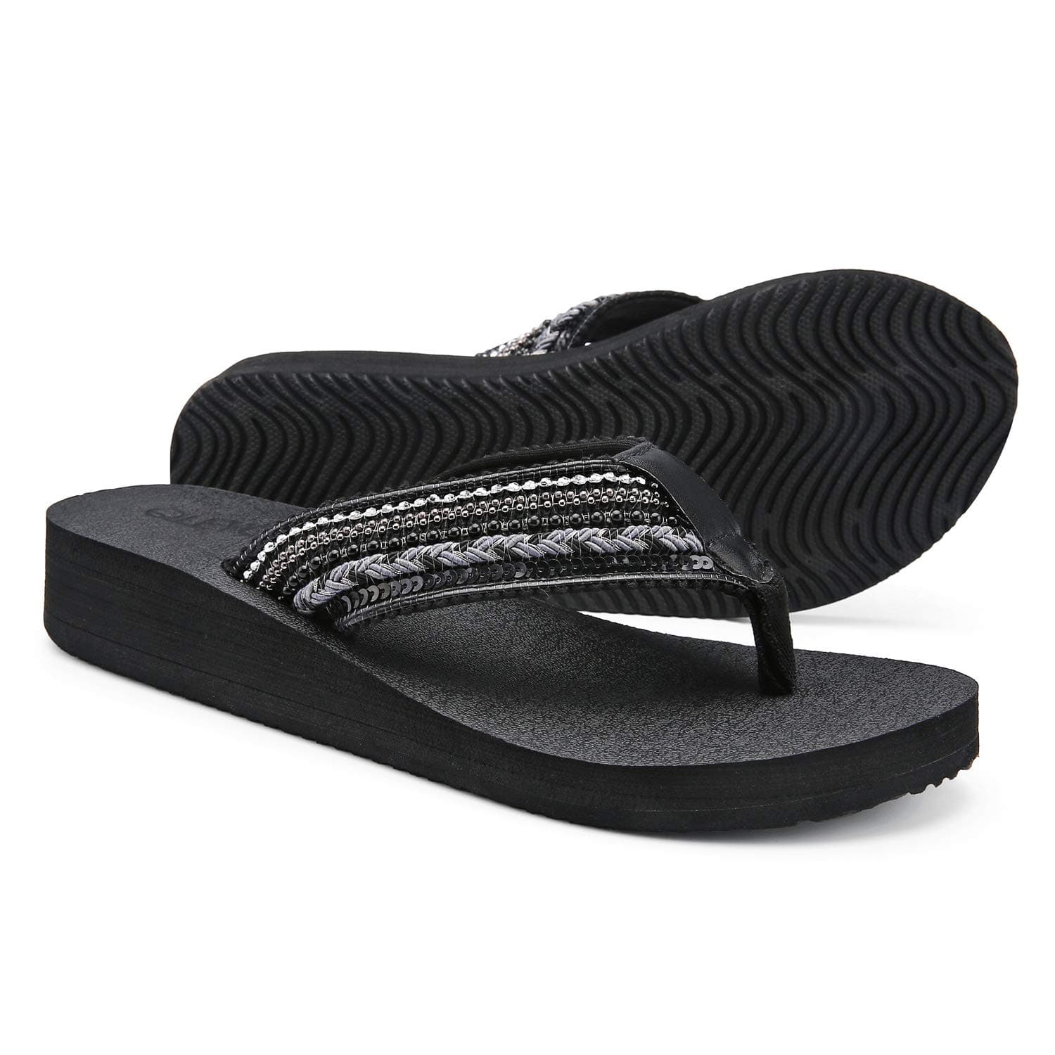 Platform Flip Flop with Arch Support, Soft Yoga Foam Walking flip-Flops with Sparkle Fabric, Athletic Wedge Thong Slippers for Summer Vacation/Shopping/Outdoor Activities20RZTSO06 -W74-8