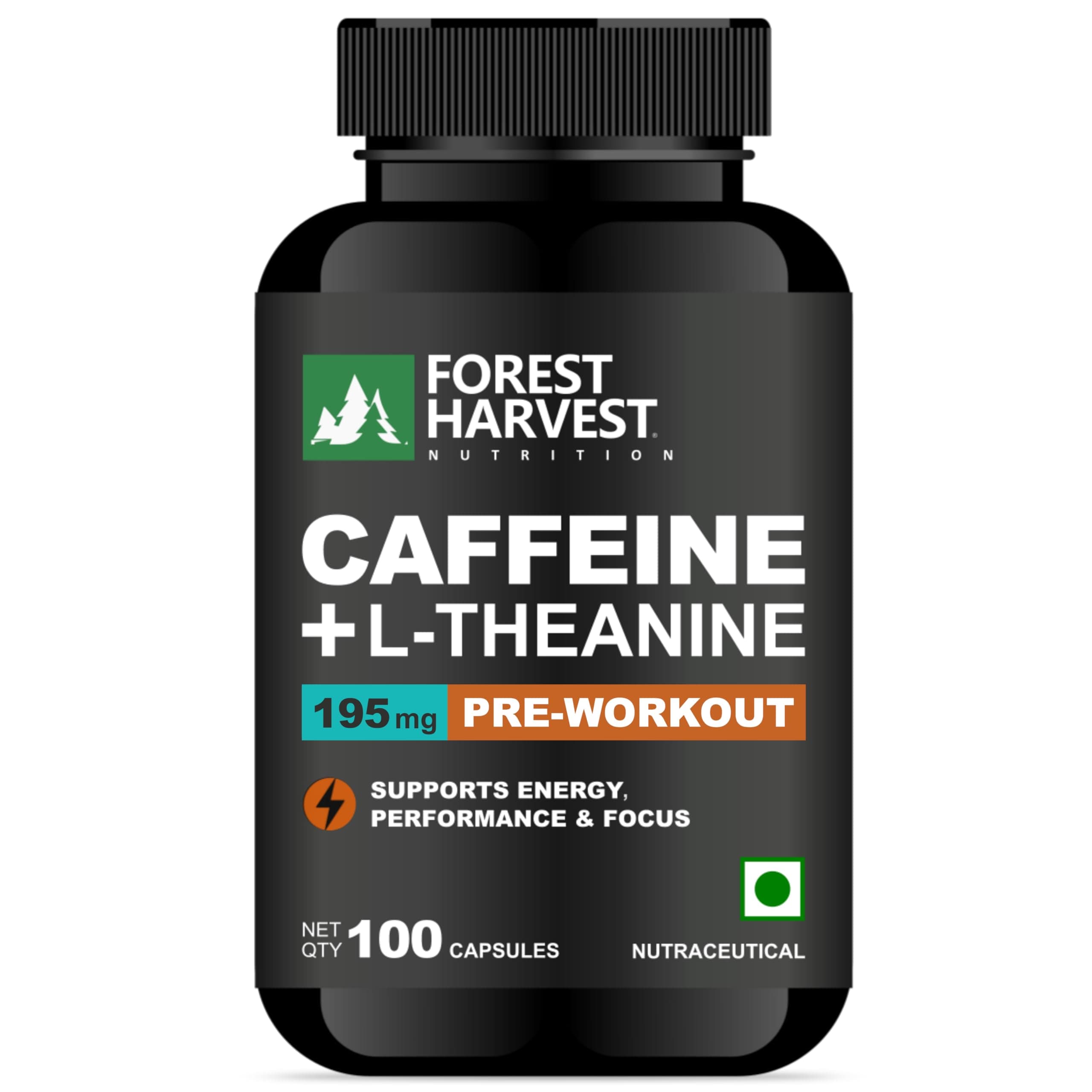 Forest Harvest Natural Caffeine with L-Theanine | 100 Veg Capsules | precision dosing, clean, synergistic formulation | Natural Focus & Energy Support | Caffeine 95mg + L-Theanine 100mg Per Serving