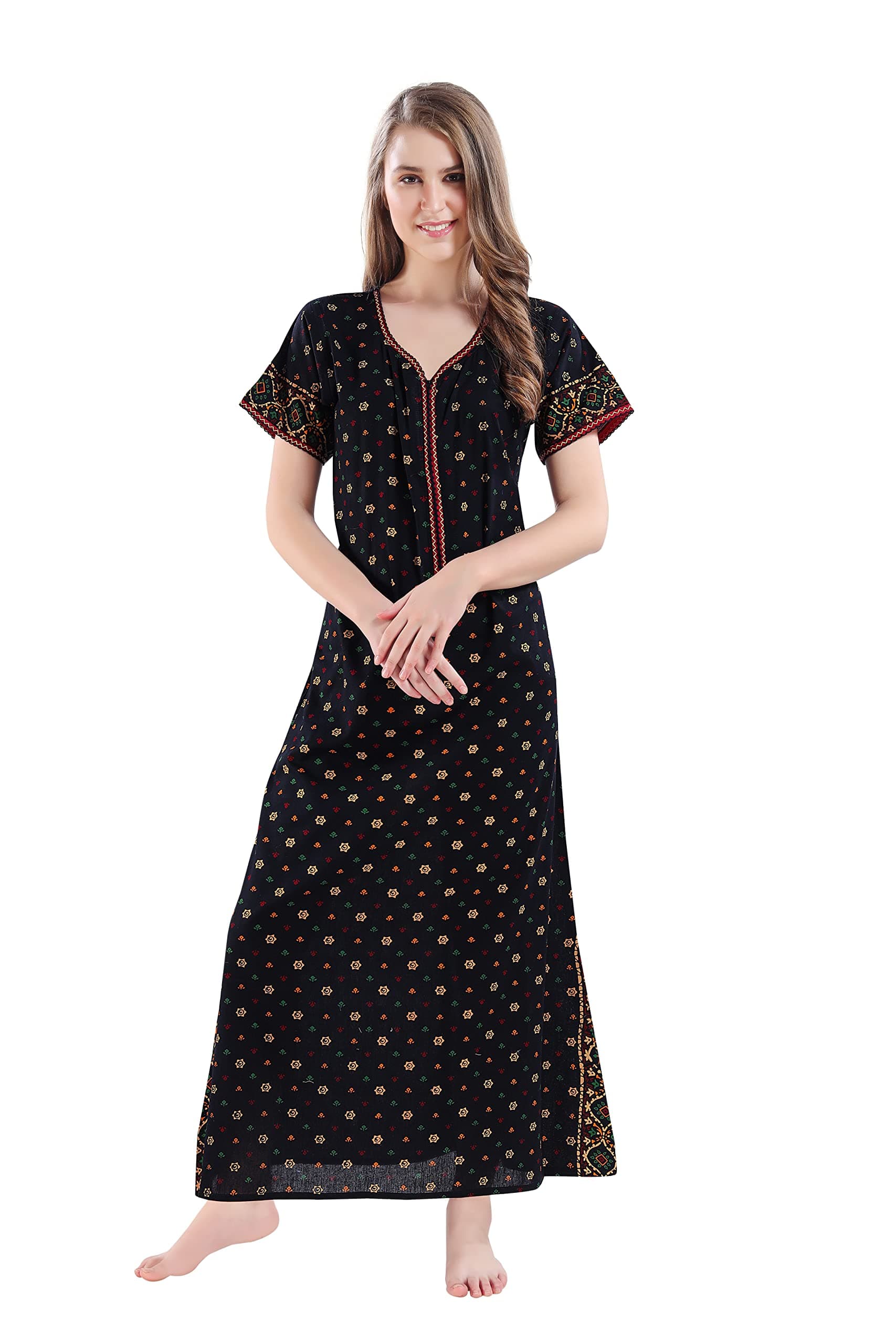 AV2 Women Printed Cotton Nightwear Nighty|Womens Night Wear Maxi Navy Large 7208