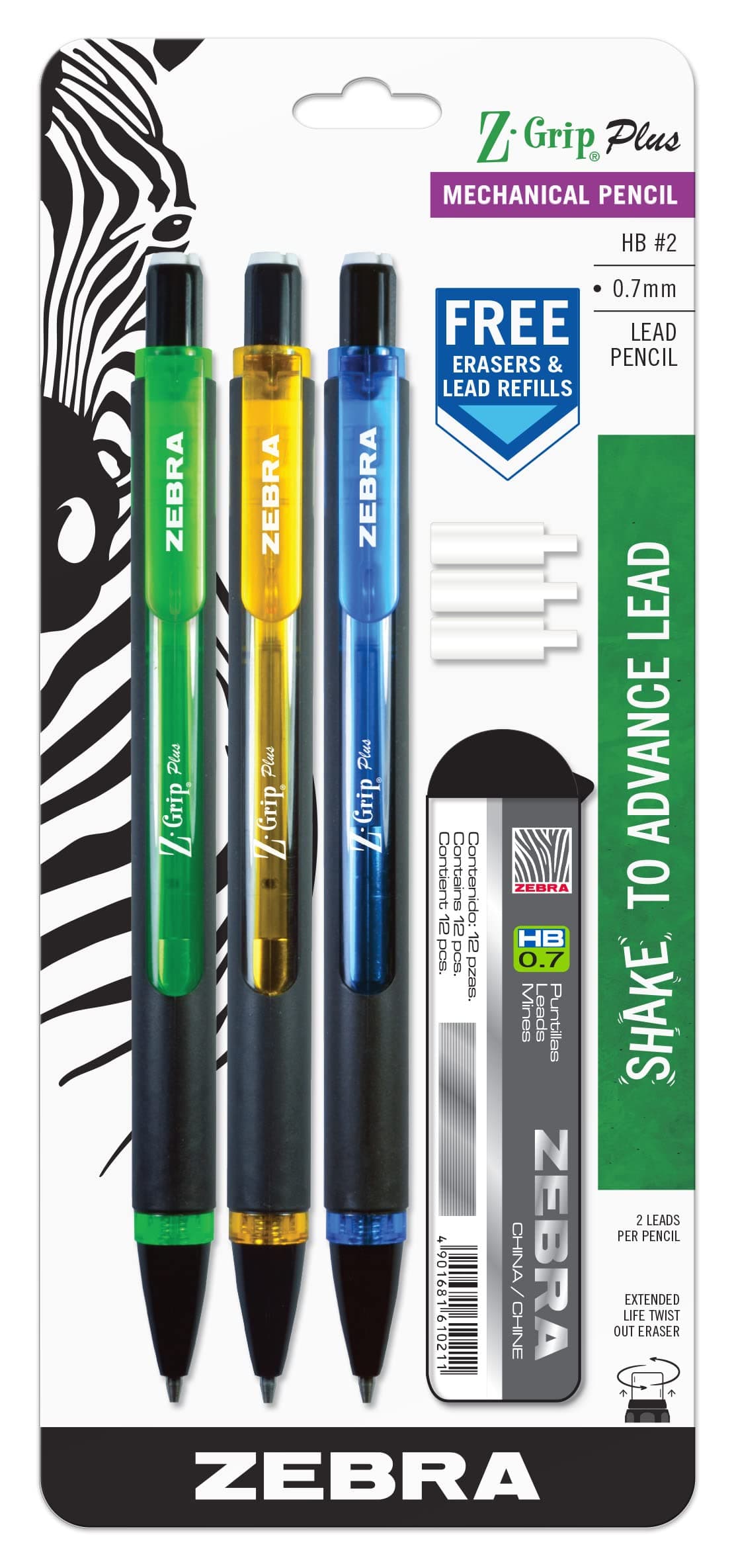 Zebra Z-Grip Plus Mechanical Pencil, 0.7mm, Bonus Lead and Erasers, Assorted Barrel Colors, Green, Yellow, Blue, 3-Count