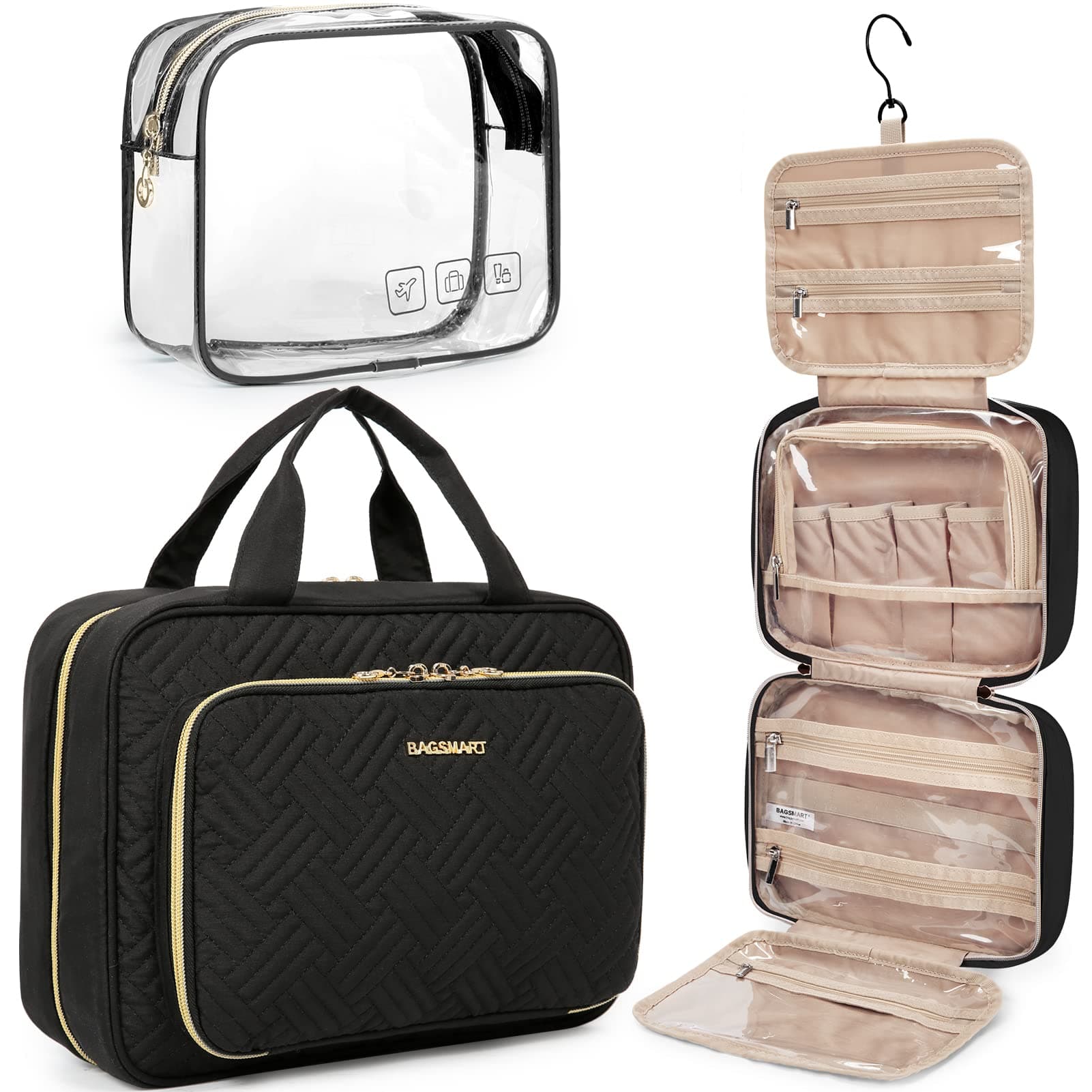 BAGSMART Toiletry Bag Hanging Travel Makeup Organizer with TSA Approved Transparent Cosmetic Bag Makeup Bag for Full Sized Toiletries, Large-Black