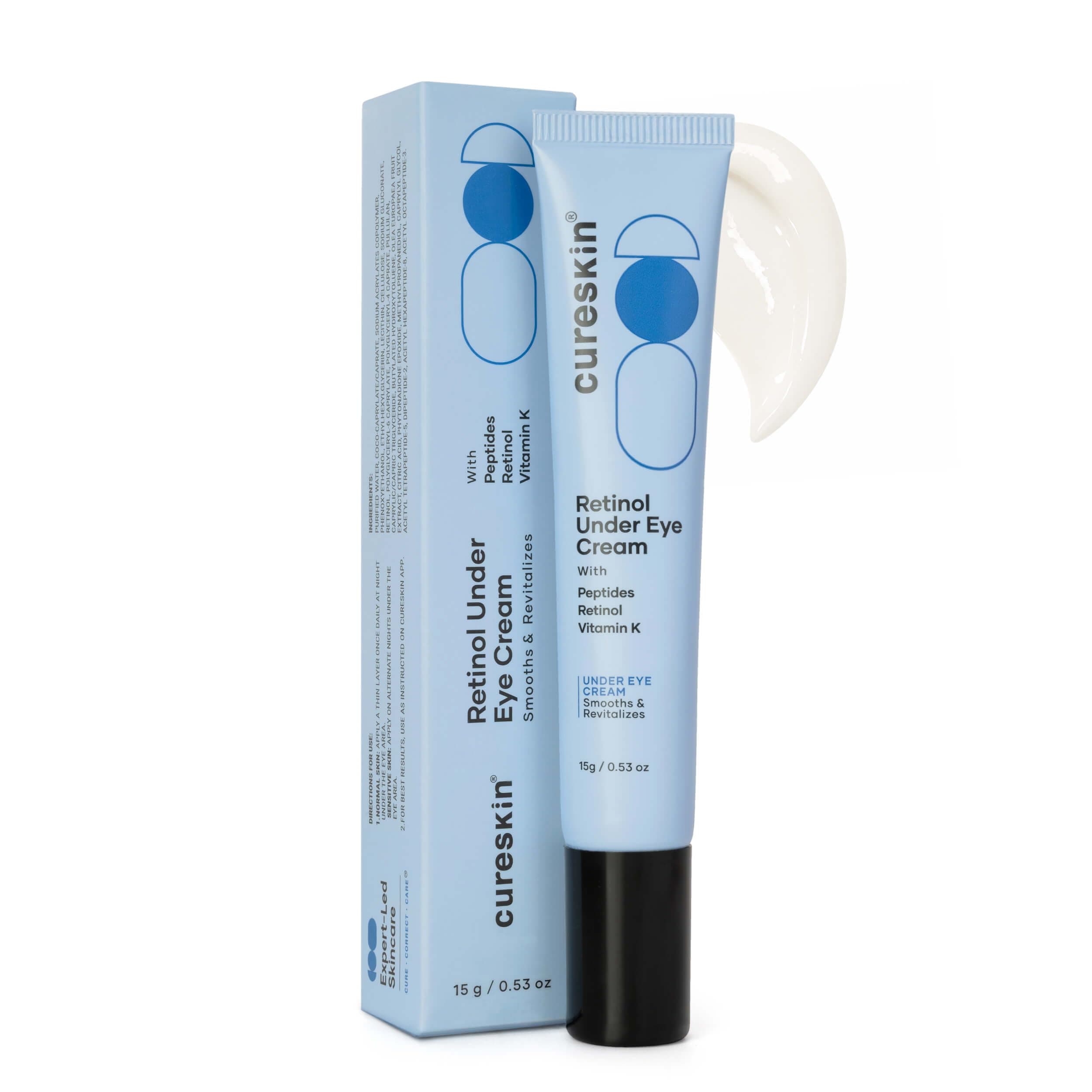 Cureskin Vitamin K + Retinol 0.1% Under Eye Cream | Reduces Dark Circles, Puffiness & Fine Lines | With Collagen Peptides | Night Cream for Women & Men | 15 g