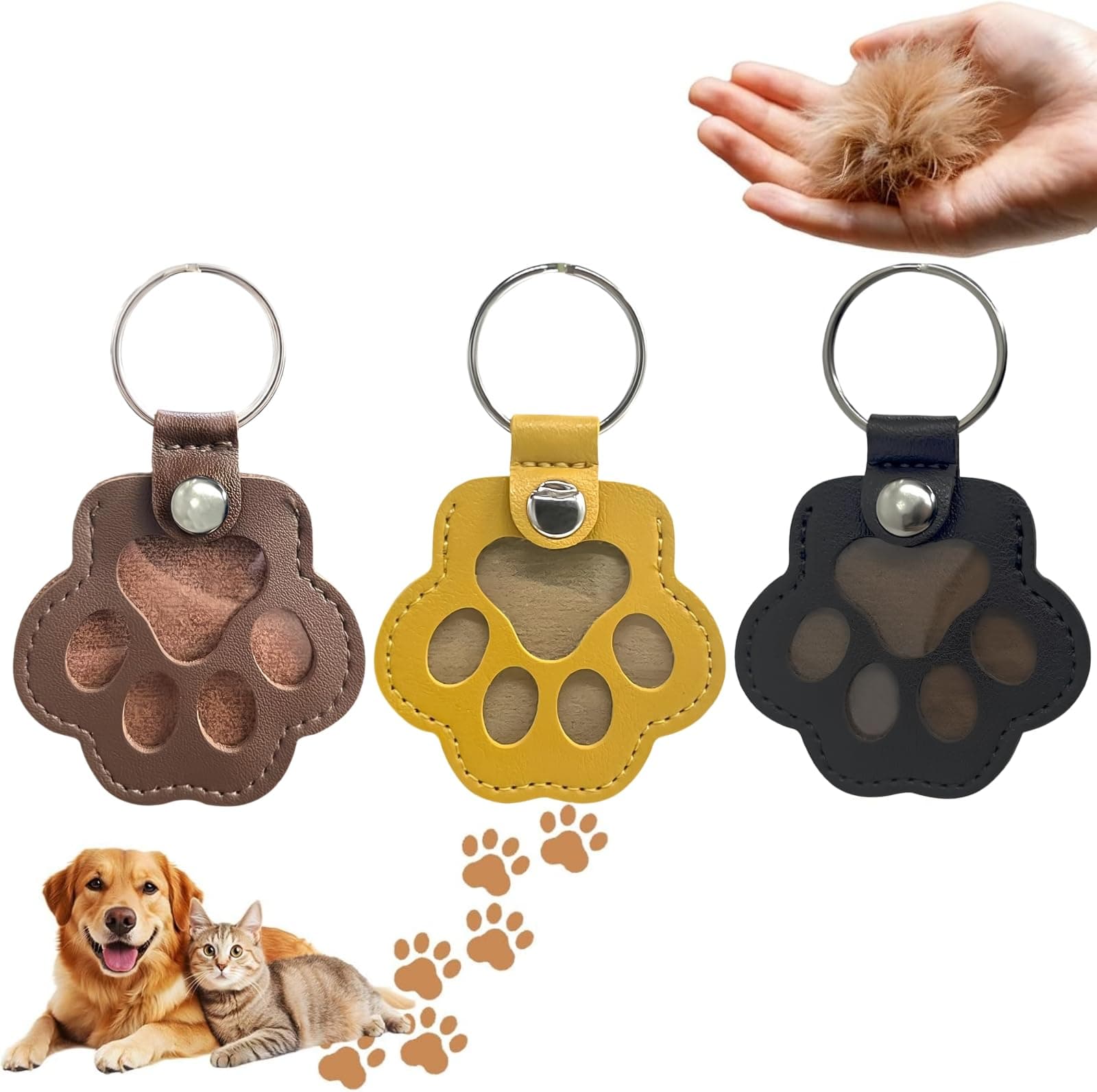 Xfopz 3 Pcs Dog Fur Storage Keychain, Cute Leather Paw Keychain Pet Hair Keepsake Keyring, Unique Memorial Collection Key Chain, Pet Memorial Gifts for Bag Purse Paw Charm Key Holder