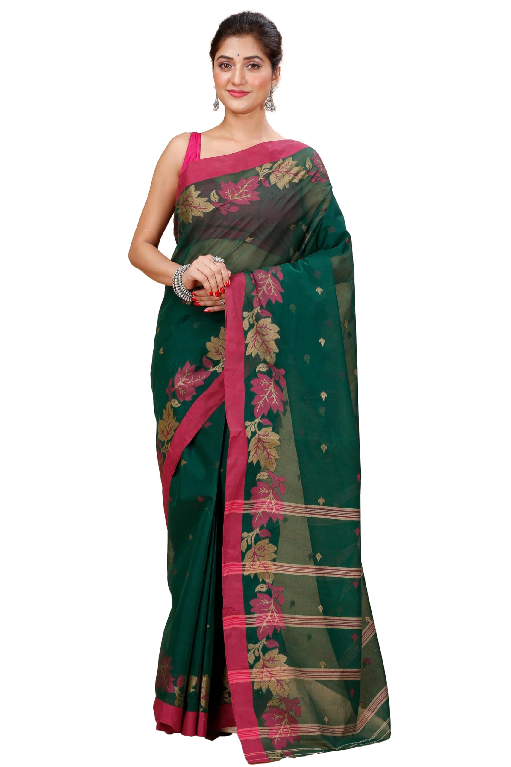 Tant Story Women's Traditional Bengal Tant Handloom Pure Cotton Leaf Border Tangail Saree without Blouse Piece