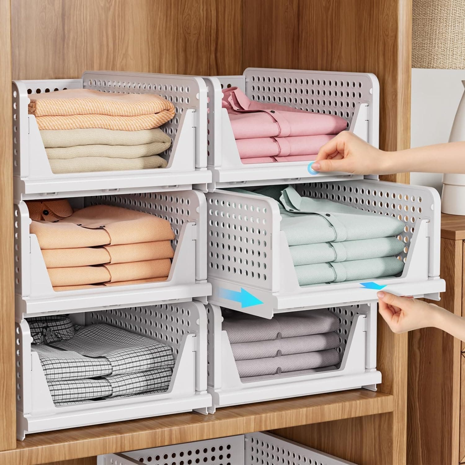 TEKCOOL Plastic Wardrobe Organizer For Storage Organizer For Clothes,Cupboard Organizer,Foldable Shirt Stacker Box,Cloth Box for Almirah,Closet Storage Basket,Pack of 3.,White