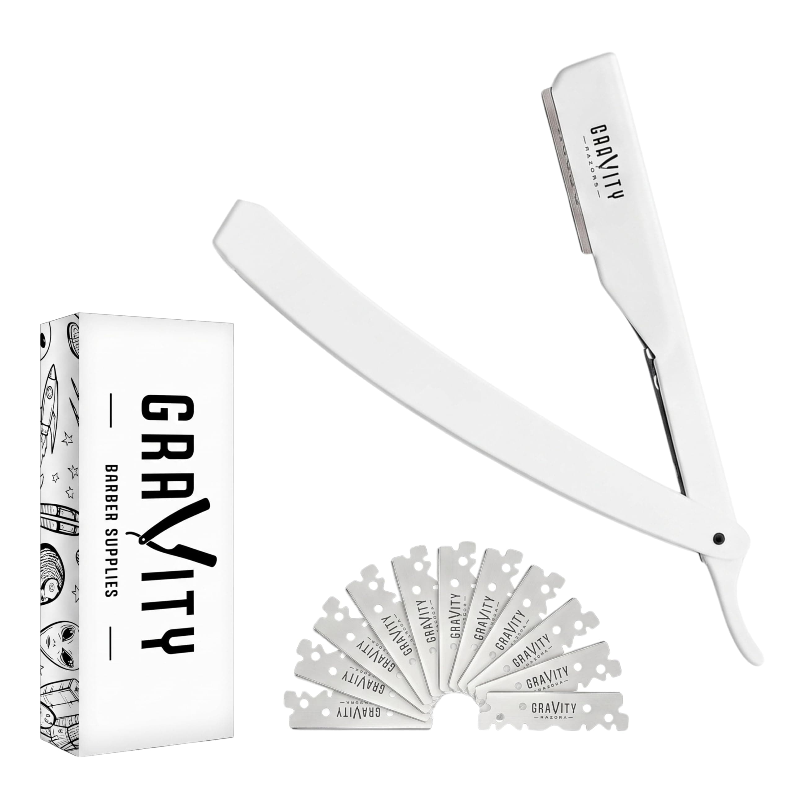 Barber Straight Razor - Stainless Steel Straight Edge Razor with 10 Derby Premium Blades (White)