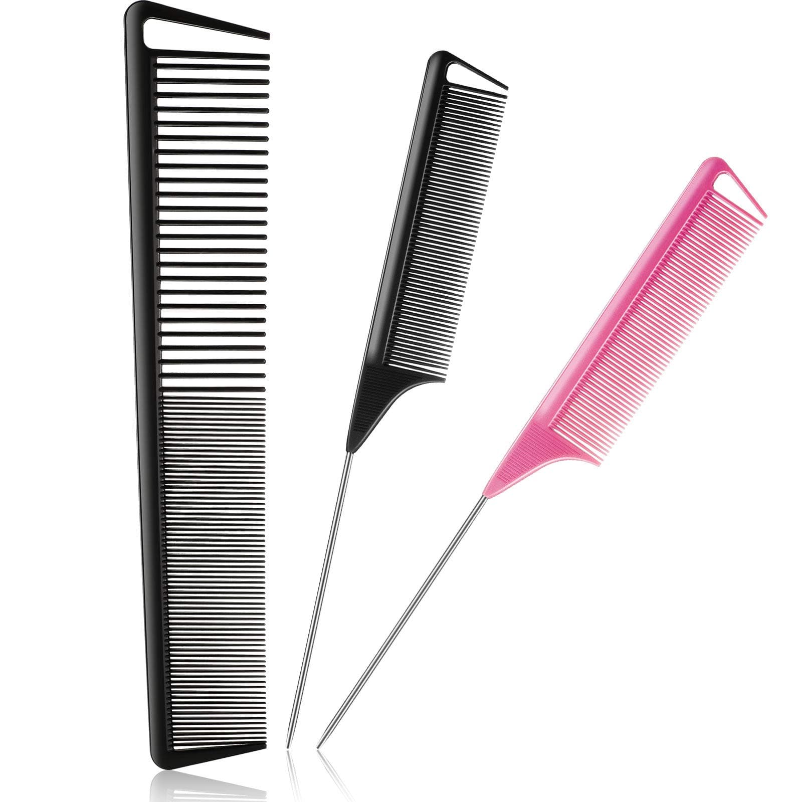 3 Pieces Rat Tail Comb Carbon Fiber Cutting Comb Set Stainless Steel Pintail Comb Teasing Comb Parting Comb, Wide and Fine Teeth Comb for Braids Hair Salon Home Supplies, Black