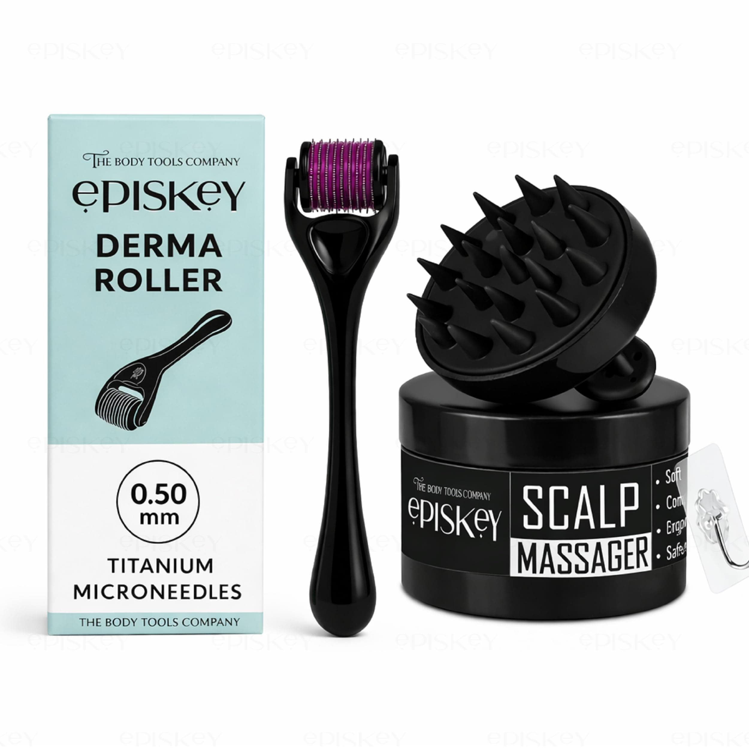 Episkey Professional Derma Roller 0.5 mm with 540 Titanium Micro-Needles for Hair Growth, Beard Activation, Skin Rejuvenation (0.5 mm, Derma Roller) with Scalp Massager Brush for Hair & Shampoo | Relaxing Head Massager with Soft Silicone Bristles (black)