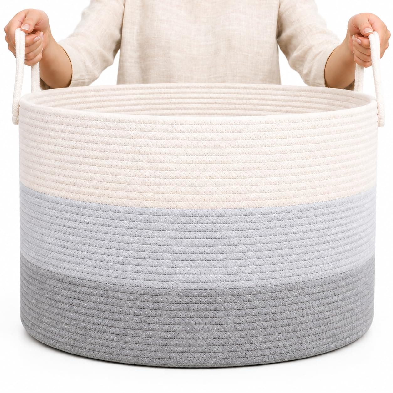 OrganiHaus OrganiHaus XXL Cotton Rope Basket | Wide 20" x 13.3" Blanket Storage Basket with Long Handles | Decorative Clothes Hamper Basket | Extra Large Baskets for Blankets Pillows or Laundry (Grey)