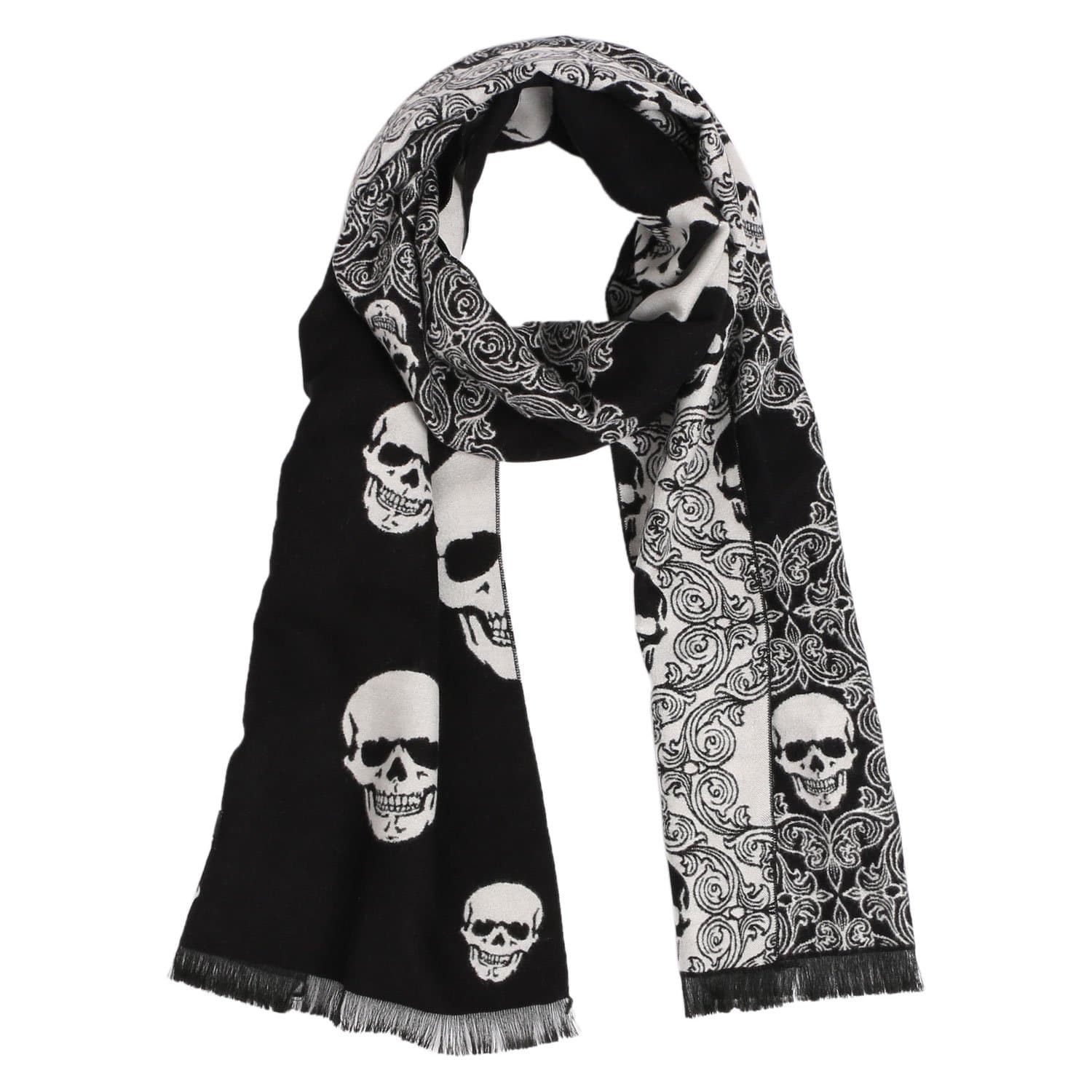 Landisun Skull Scarf Shawl Soft Long Elegant Classical Tassels (Black White)