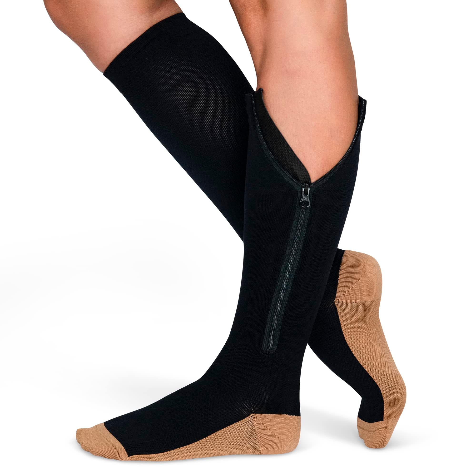 TheraMagic™ Zipper Compression Socks for Men & Women, 20-30mmHg Closed Toe Graduated Copper Zippered Compression Stocking, Black, Large-X-Large