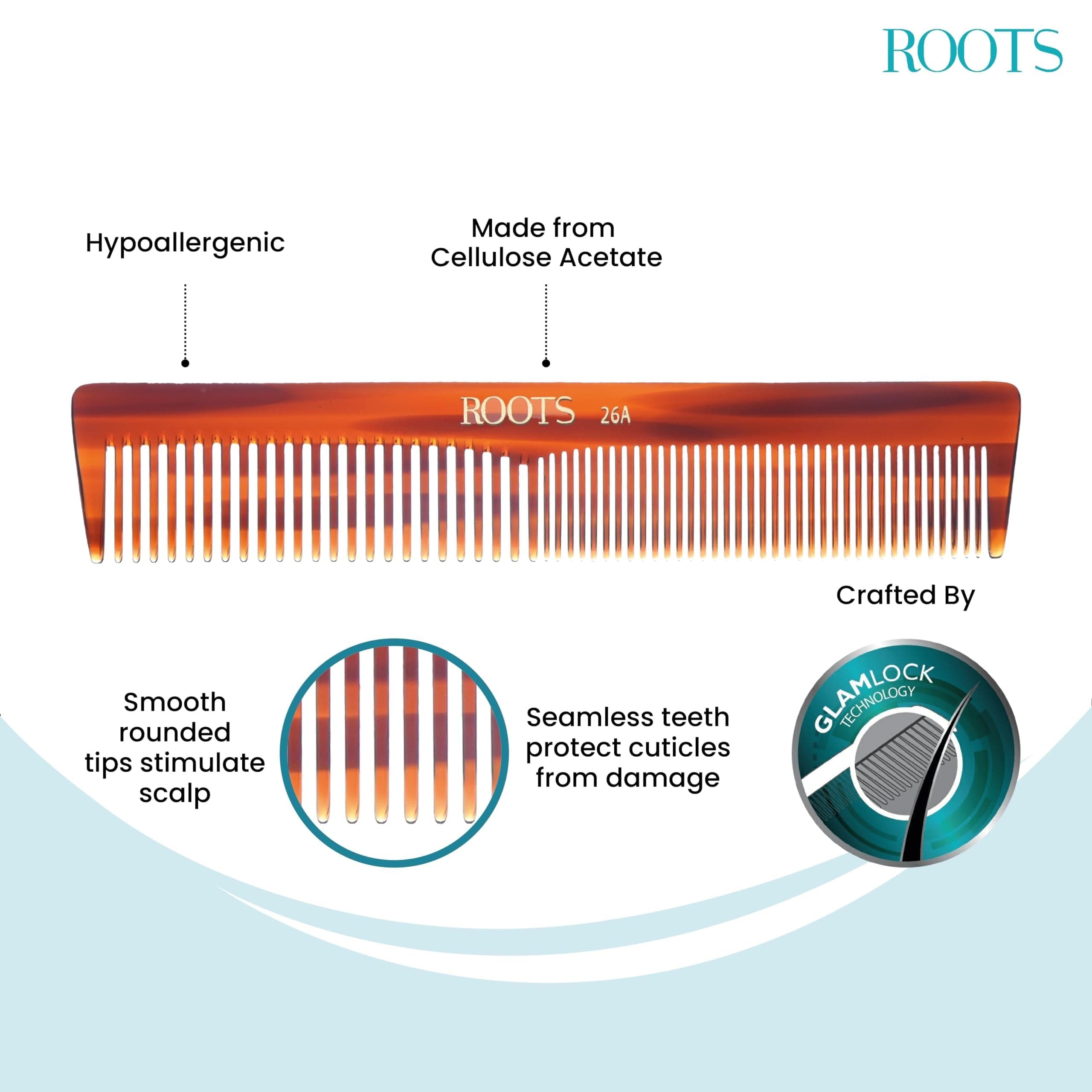 ROOTS Classic Comb | Dual Teeth For Styling & Detangling | Rounded Teeth prevent Hair & Scalp damage | For Women with Straight, Long, Wavy Hair | Wet & Dry use | Length - 6.5 Inch | Model No - 26A