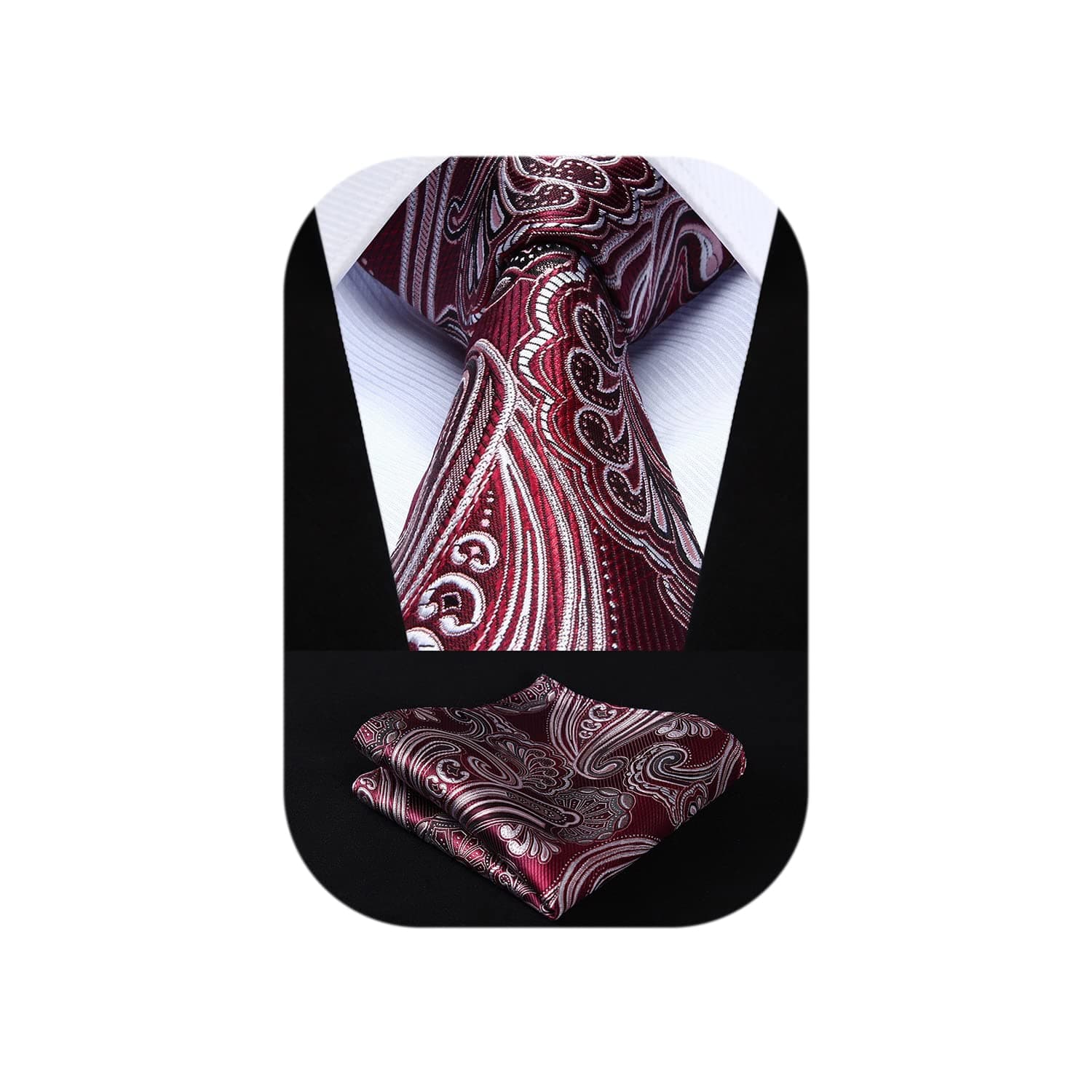 HISDERN Men's Paisley Floral Wedding Silk Neck Tie and Pocket Square Set Burgundy / Gray