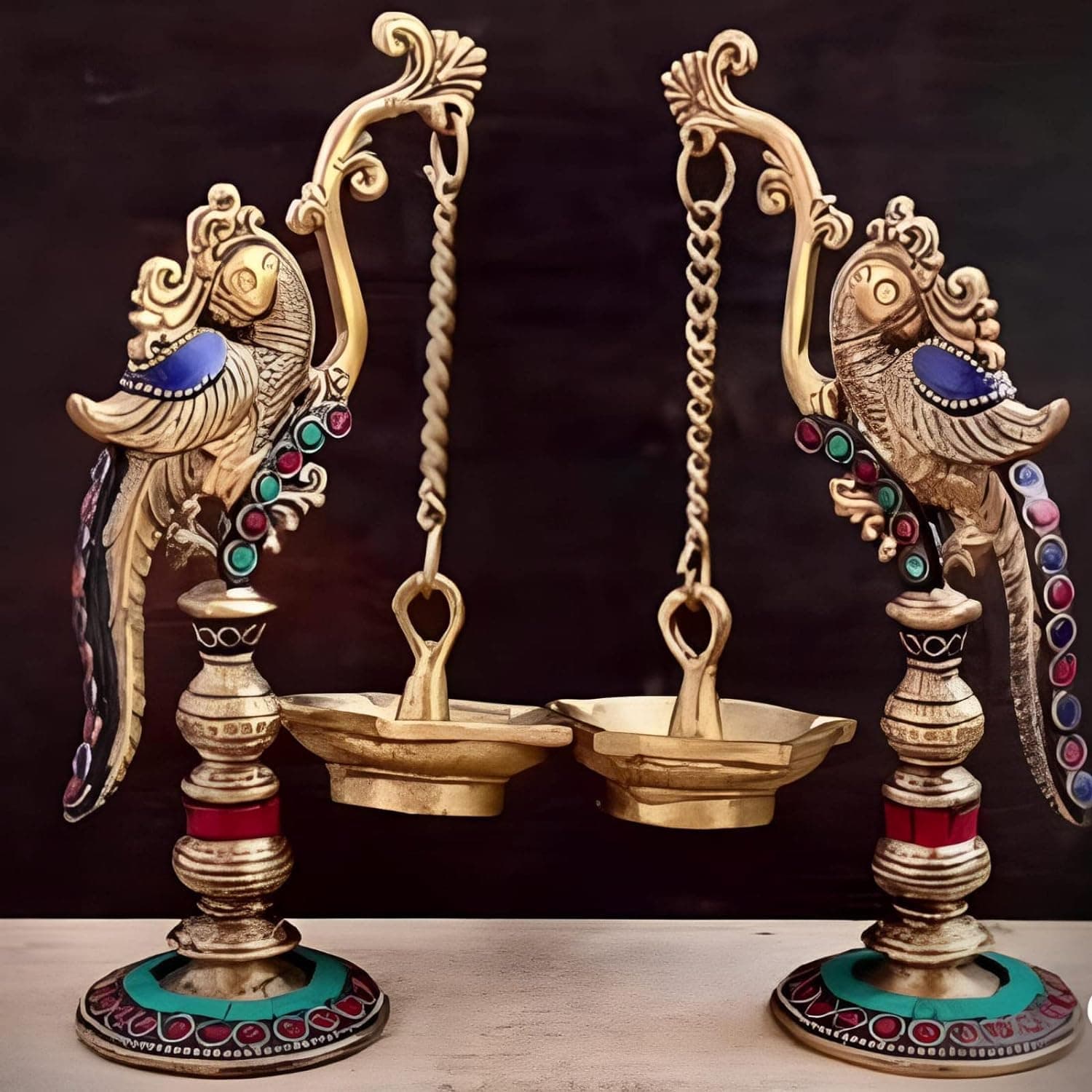 ARTSIKIA Brass Parrot Design Dipak Set Bird Diyas Oil Wick Lamp Fengshui Deep Deepak for Home Decor Puja Item Hanging Diya Traditional Deepam L*W*H=5 * 3 * 9 Inches,W-1.8Kg