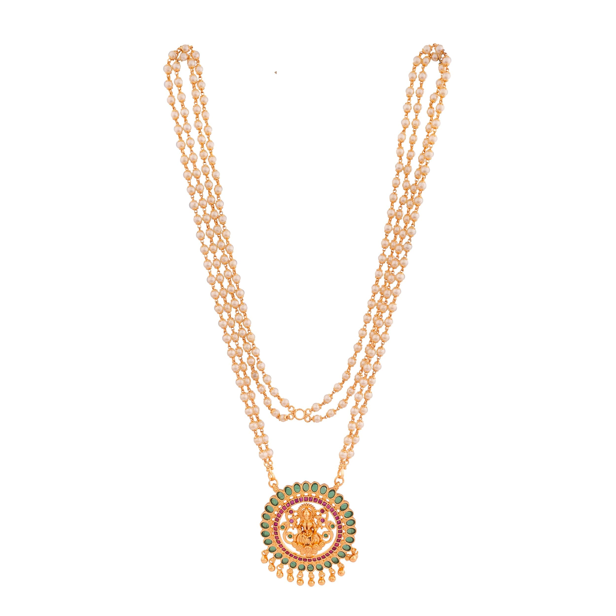Radha's Creations Copper And Brass Traditional Green And Pink Meena Work Laxmi pendant LONG 30" Pearl Necklace For Women | Golden Fashion Jewellery For Women & Girls No.1145