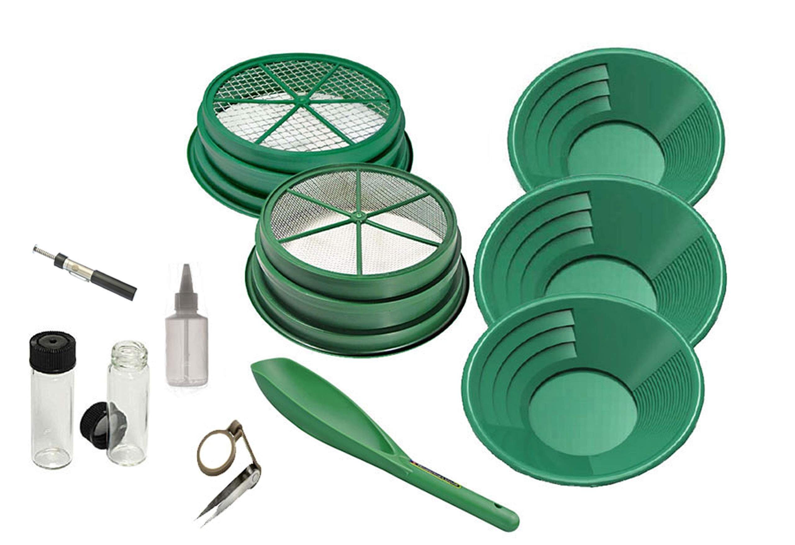 AMOVO 11-Piece Prospecting-Mining-Panning Kit - 2 Classifiers, 3 Pans, More! - Green, Stainless Steel Mess Kit