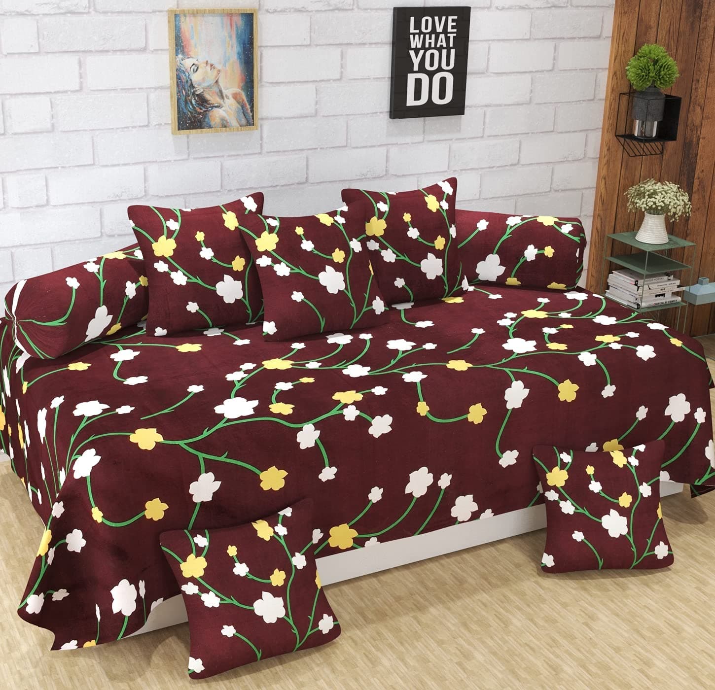 Festival Home Furnishings Microfibre Fabric 5D Diwan Covers Set of 1Bedsheet 2Bolster Covers 5 Cushion Covers (Beige Chain)