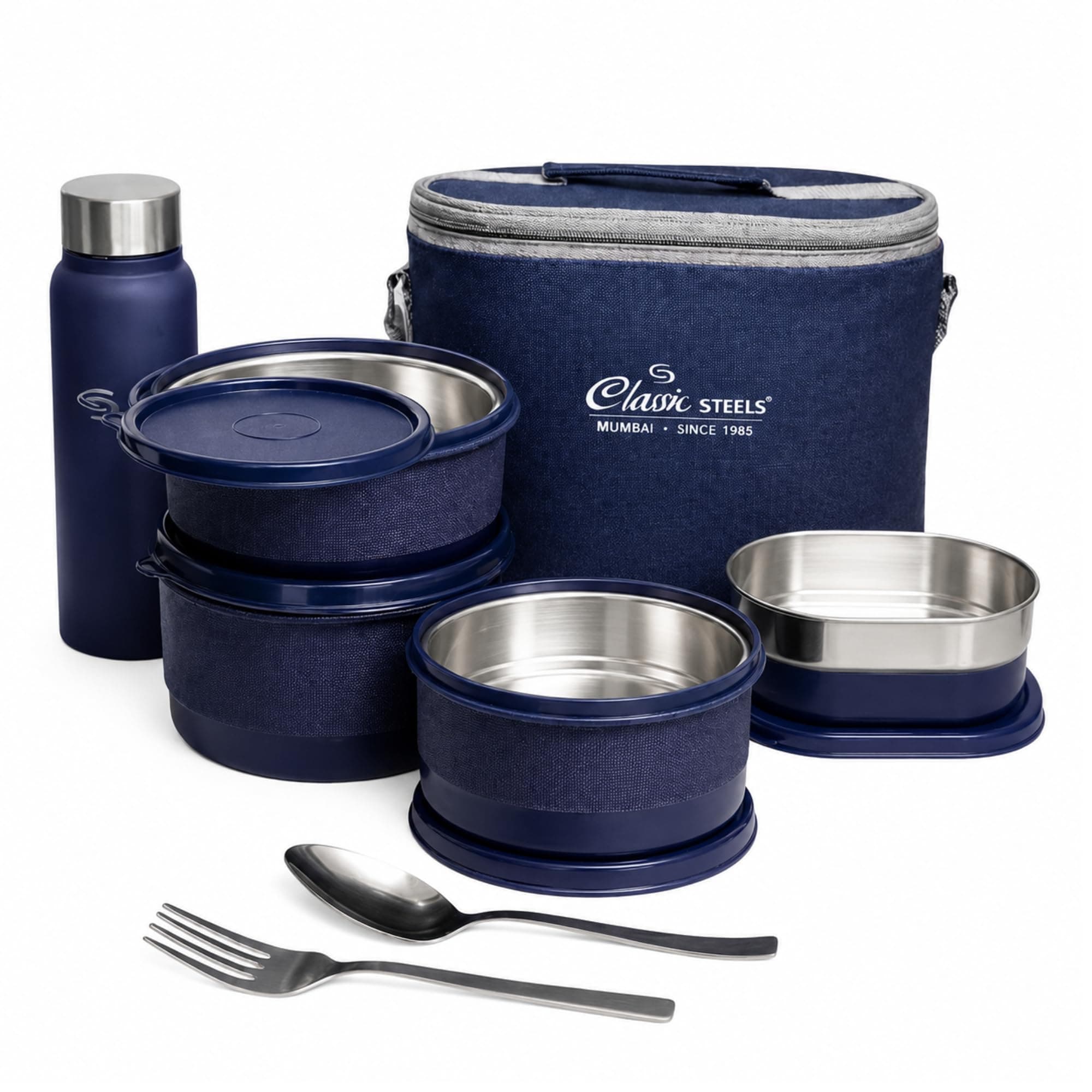 Classic Steels Urban Premium Steel Lunch Box Set of 7 with Insulated Carry Bag Includes 4 Microwave Safe Leak-Proof Containers 1100 ml & 500ml Steel Bottle | BPA Free, Food Grade with Heavy Cutlery