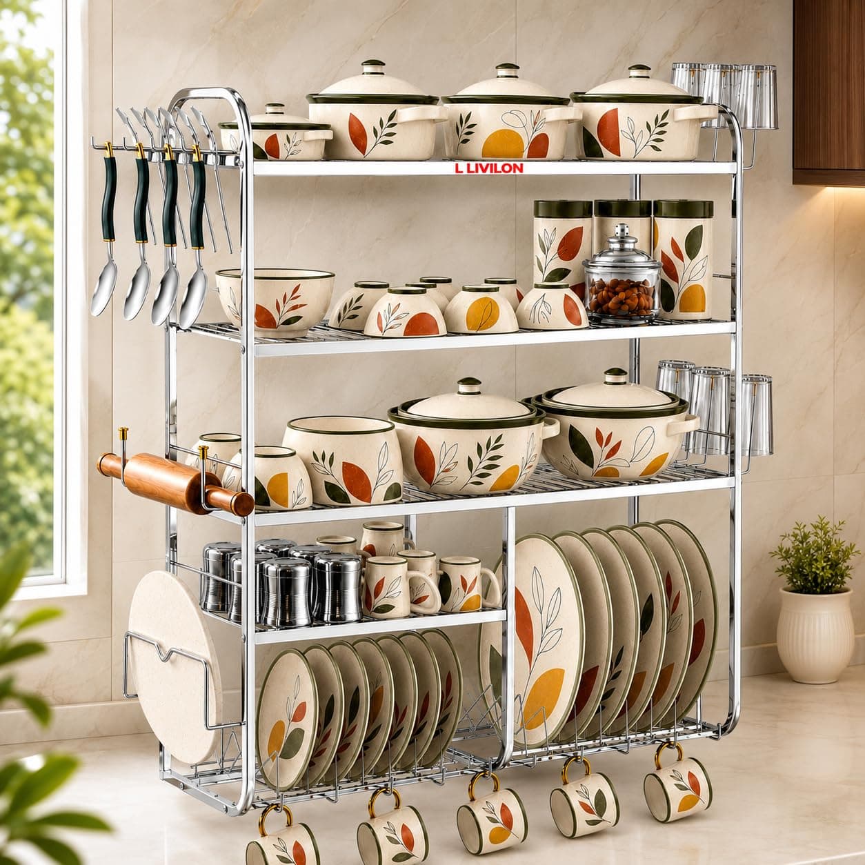 L LIVILON Wall Mount Kitchen Utensils 5 Shelf Dish Rack | Stainless Steel Utensil Rack | Dish Stand/Holder | Kitchen Organizer | Utensils Rack with Plate & Cutlery Stand (31x30x10 Inches)