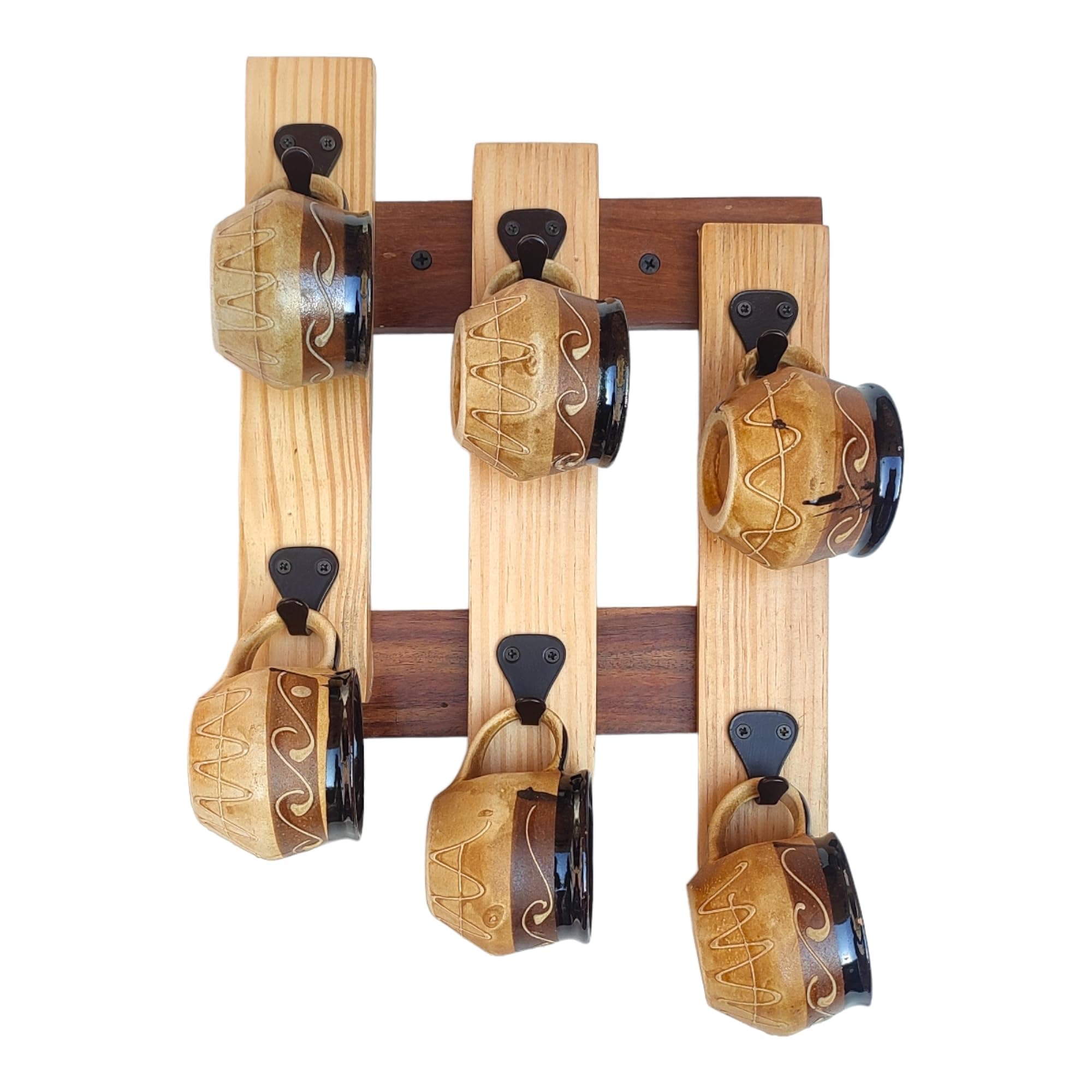 Treegift Wooden Wall Mounted Cup Organizer Coffee Mug Holder with 6 Hooks for Kitchen Display Storage and Collection.Size- 32" x 23" cm (Hash (#) Shape)