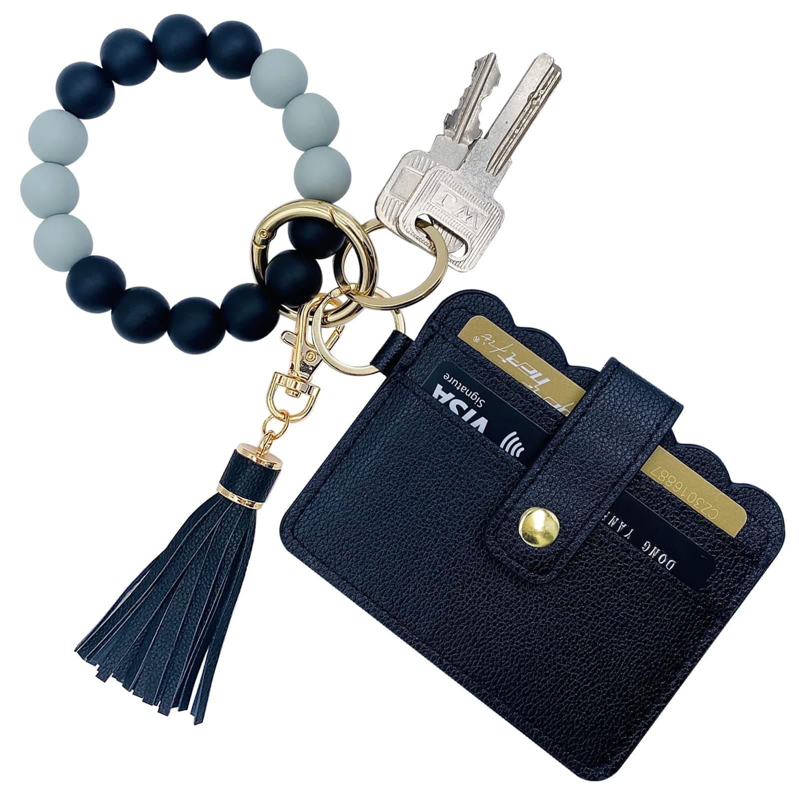 Wristlet Keychain Bracelet Wallet, Key Ring Silicone Bead Bangle, Tassel Card Pocket Key Chains for Woman