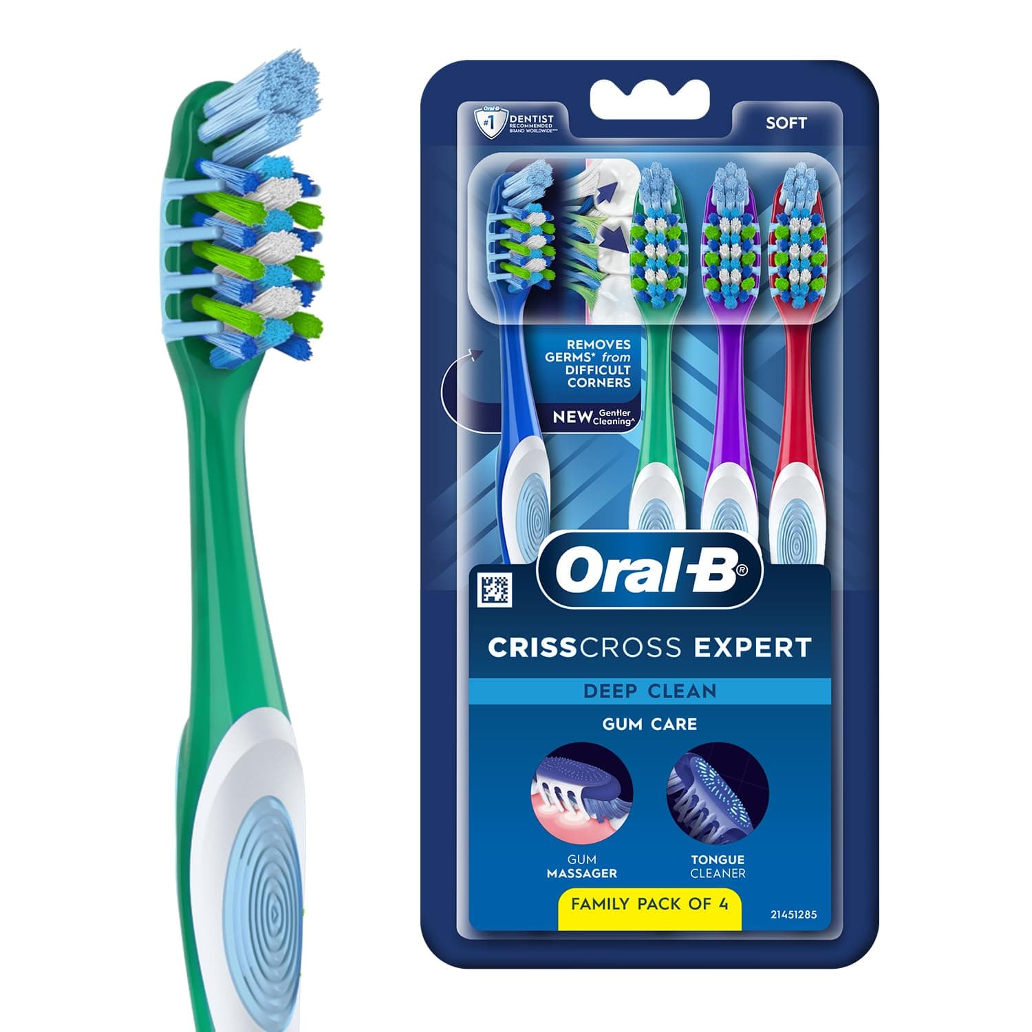 Oral-B Criss Cross Gum Care Soft Toothbrush For Adults, Soft Bristles, Healthier Gums, Multicolour Tooth Brush Set, Oral B Dentist Recommended Brand (Family Pack of 4)