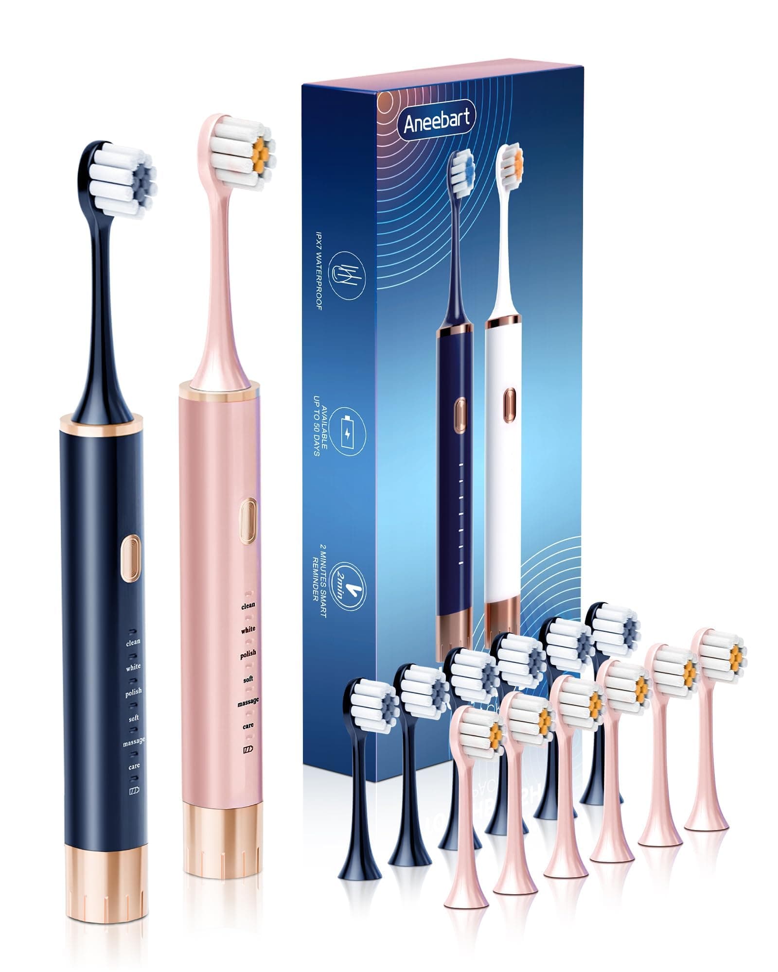 Aneebart Electric Toothbrush for Adults, 2 Pack, Electric Toothbrush, USB Rechargeable Sonic Toothbrush with 12 Brush Heads, Smart Timer, 6 Modes, 2 Hours Quick Charge Lasts 30