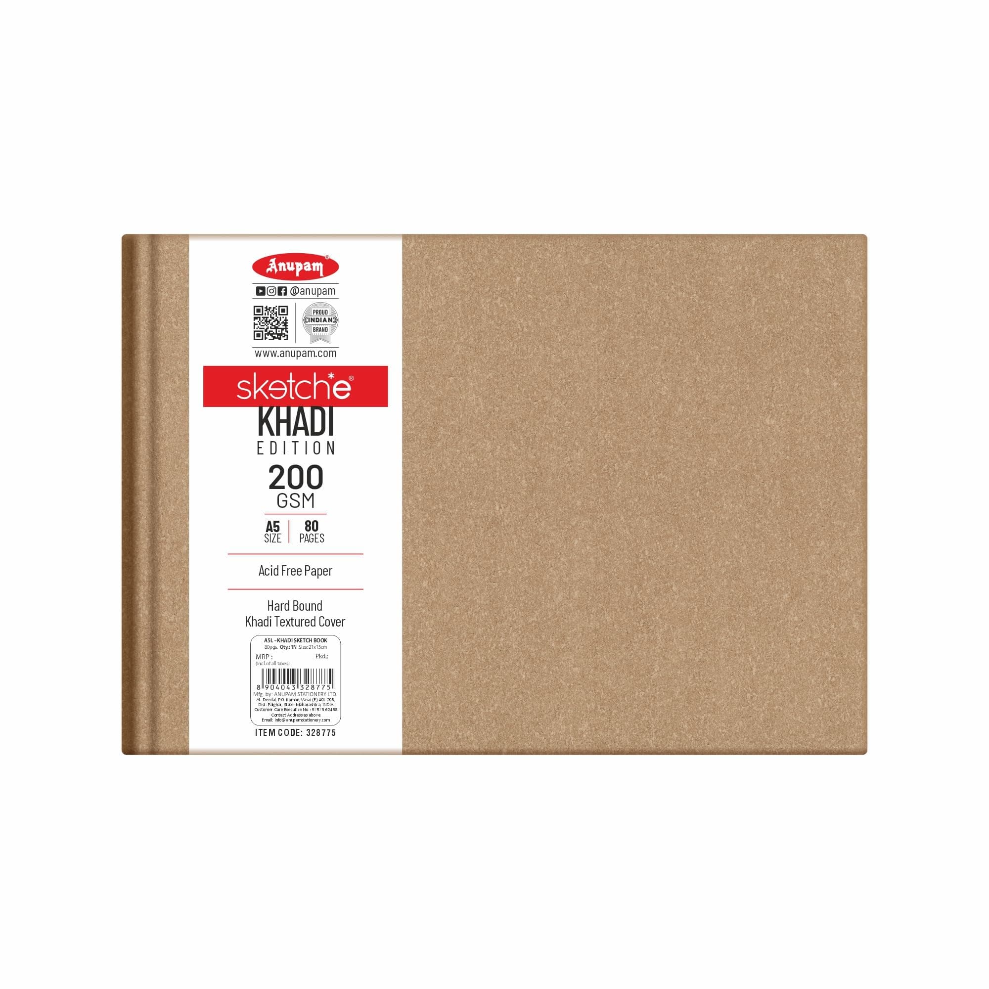 Anupam Sketche Khadi (Cover) Hardcover Sketch Book A5 | 40 Sheets / 80 Pages | 200 GSM Acid-Free Cartridge Paper | Good for Marker Watercolor, Alcohol Markers, Acrylic, Ink, Oil Pastel, Pencil (Landscape)